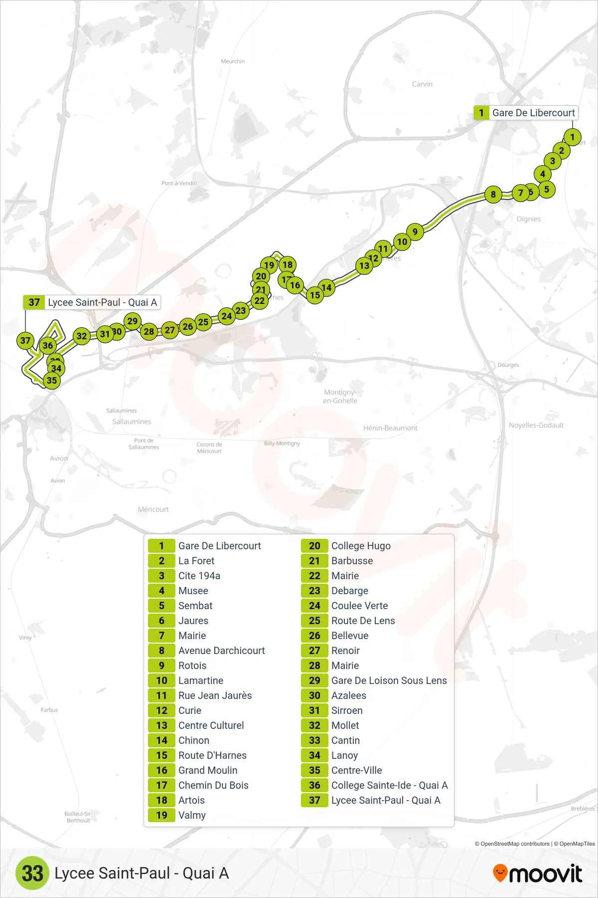 Tracé et arrêts de la ligne 33 de bus (Lycee Saint-Paul - Quai A) sur une carte