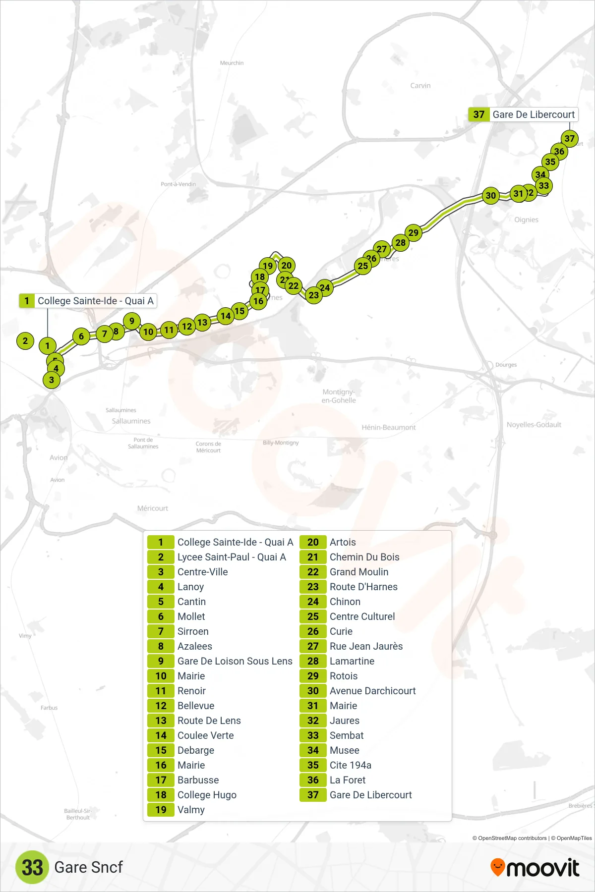 33 bus Line (Gare Sncf) route and stops on a map