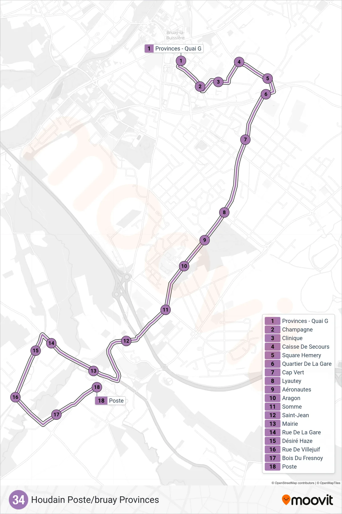 Tracé et arrêts de la ligne 34 de bus (Poste) sur une carte