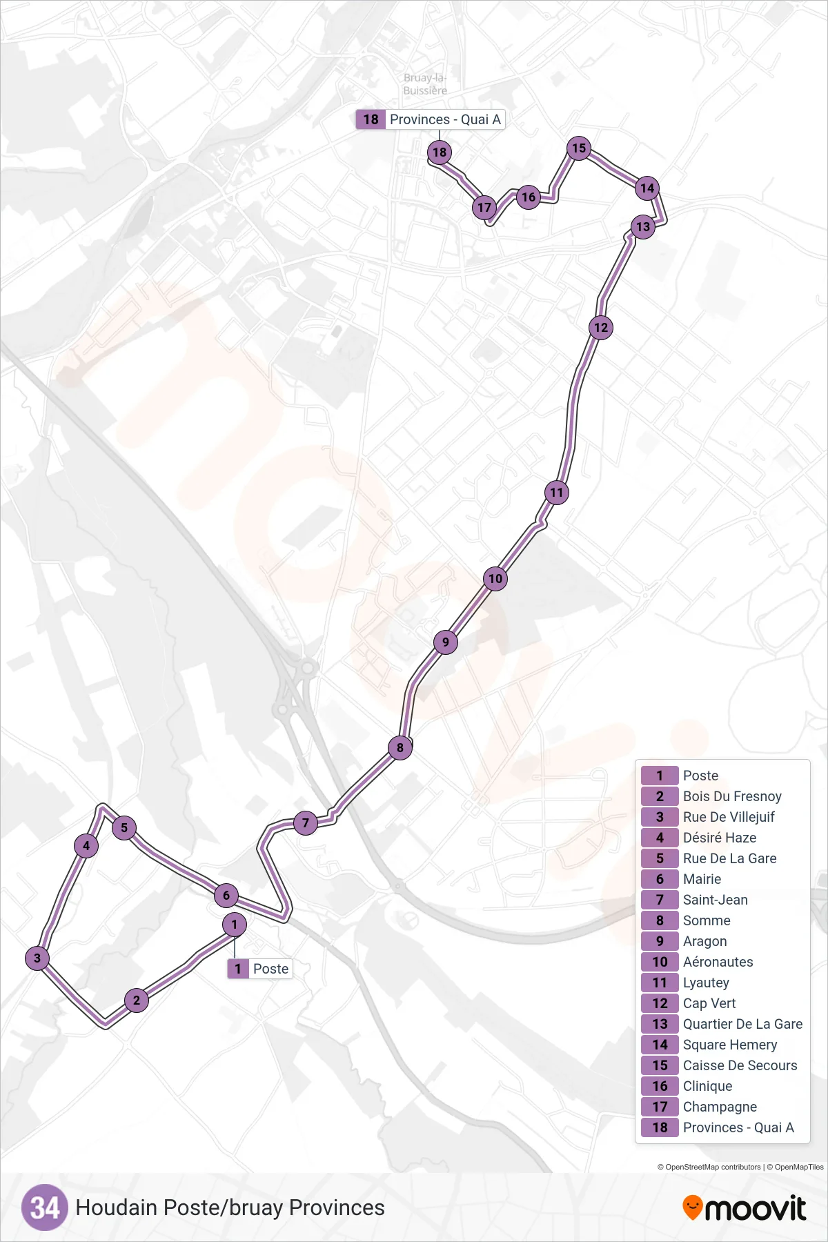 34 bus Line (Provinces - Quai A) route and stops on a map