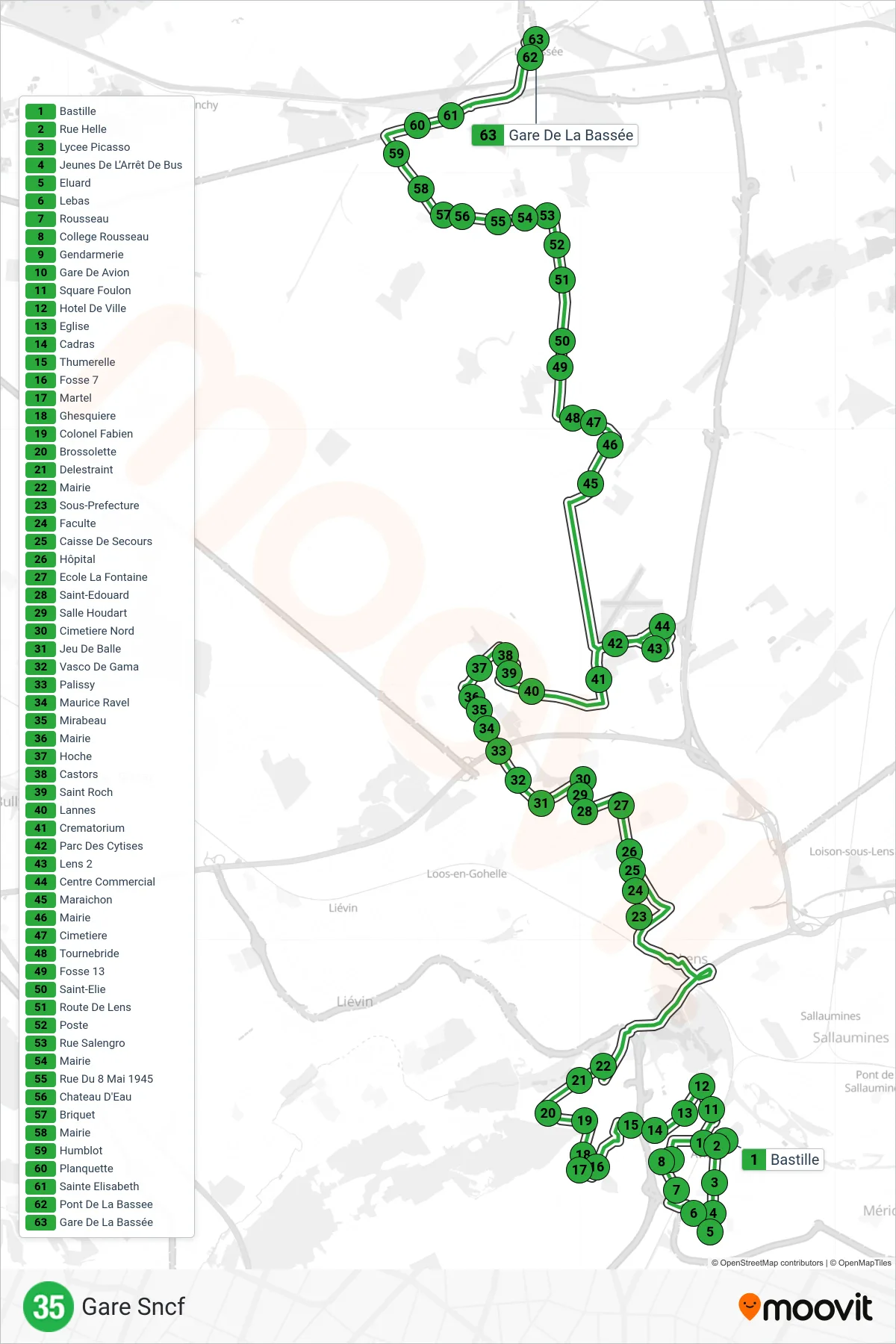 35 bus Line (Gare Sncf) route and stops on a map
