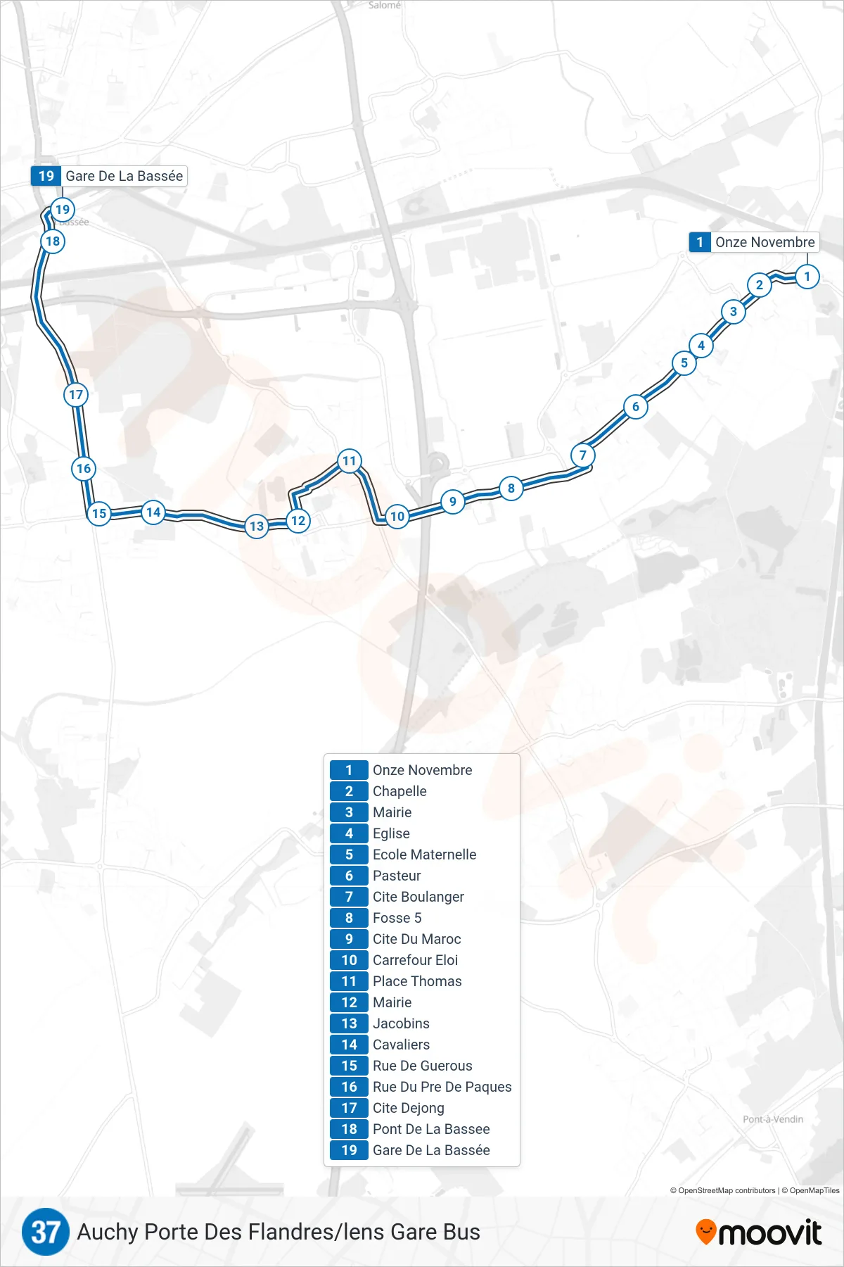37 bus Line (Gare Sncf) route and stops on a map