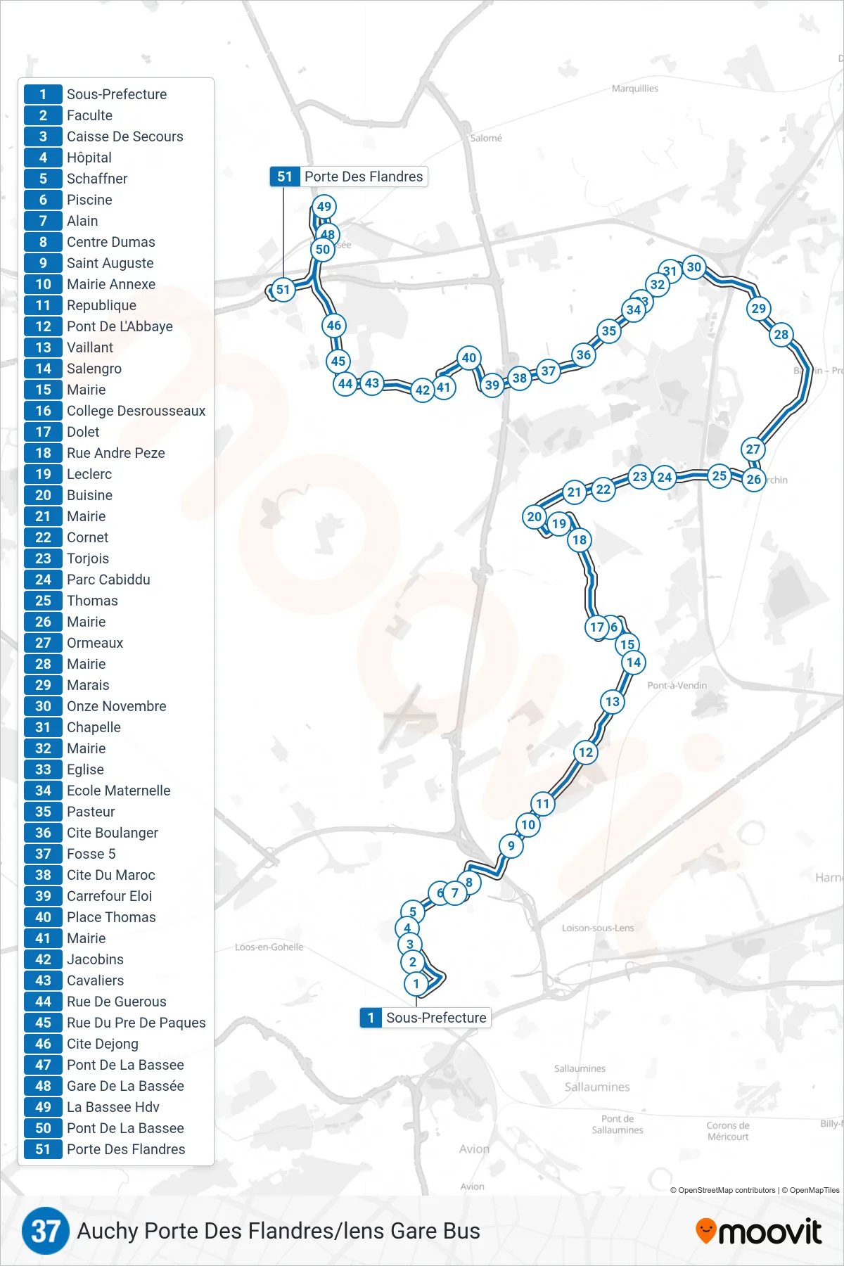 Tracé et arrêts de la ligne 37 de bus (Porte Des Flandres) sur une carte