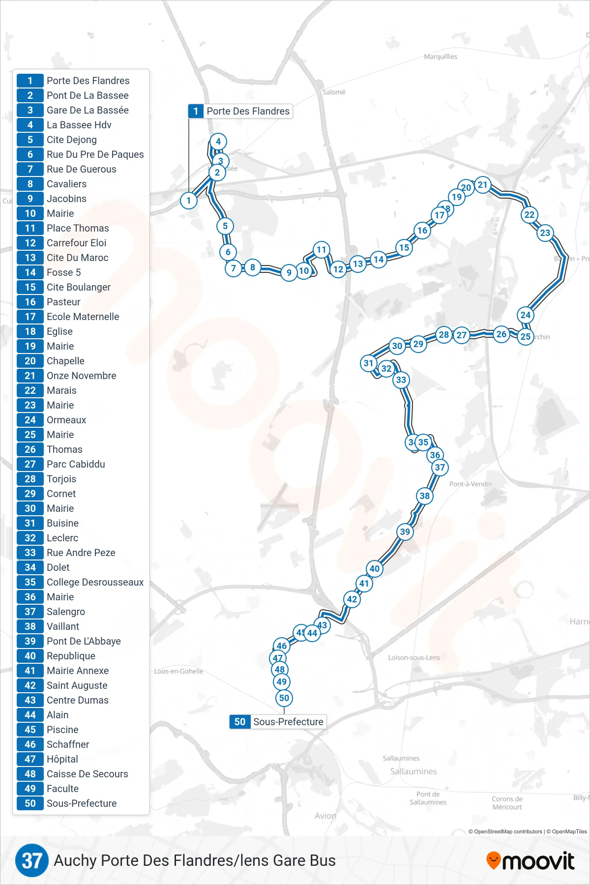 37 bus Line (Gare Bus - Quai N) route and stops on a map