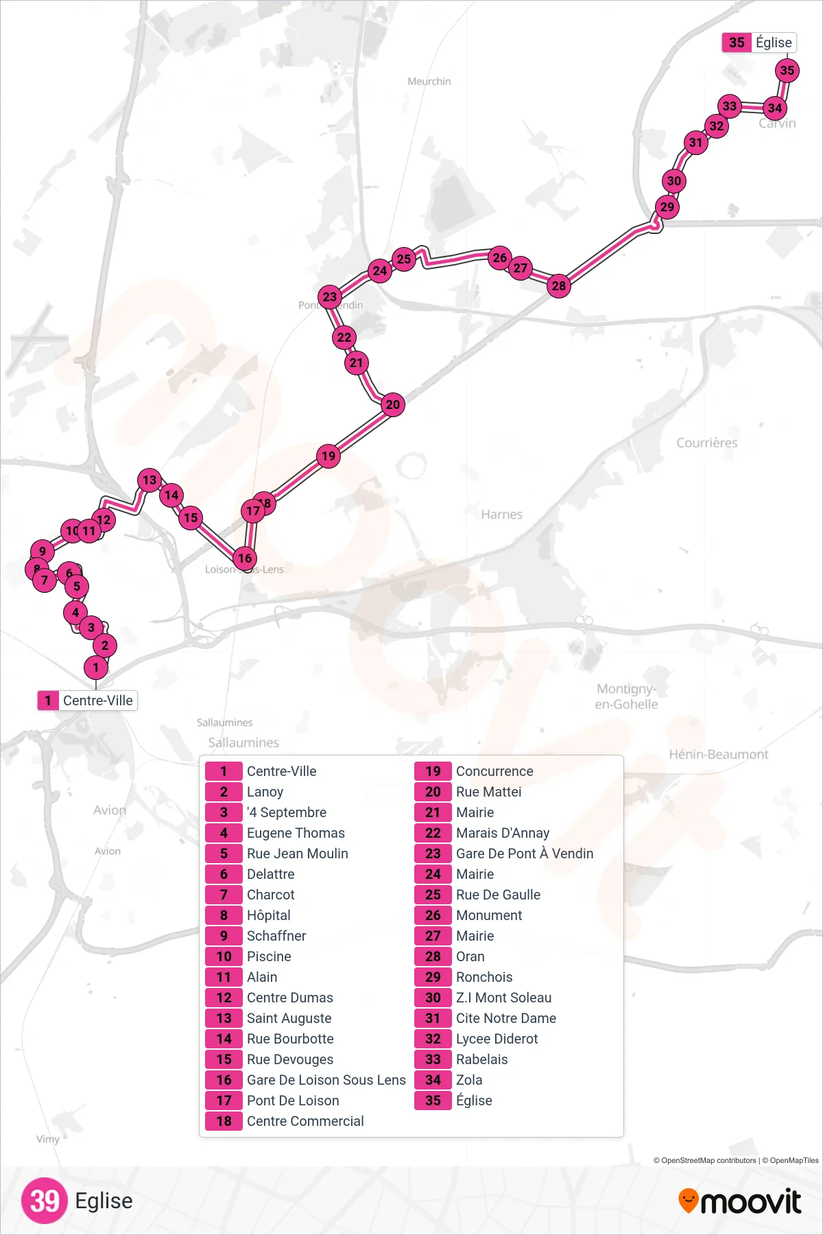 39 bus Line (Eglise) route and stops on a map