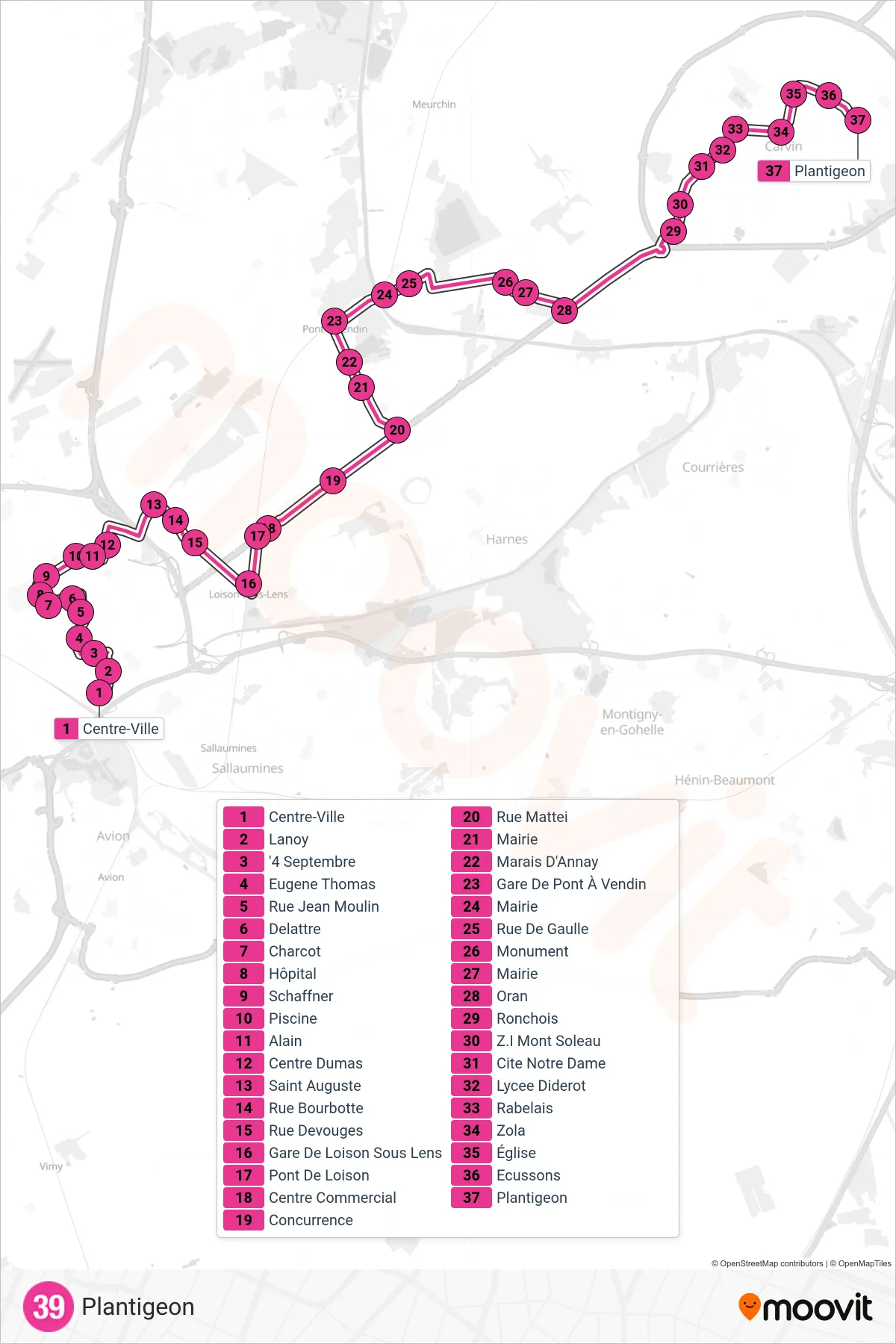 Tracé et arrêts de la ligne 39 de bus (Plantigeon) sur une carte