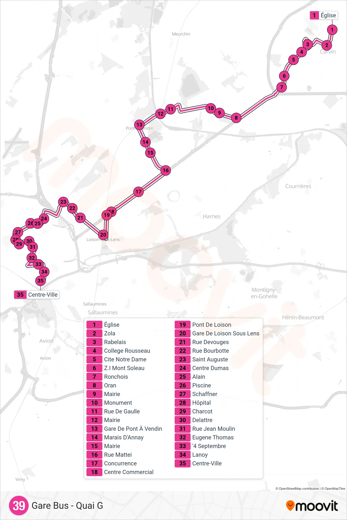 39 bus Line (Gare Bus - Quai G) route and stops on a map