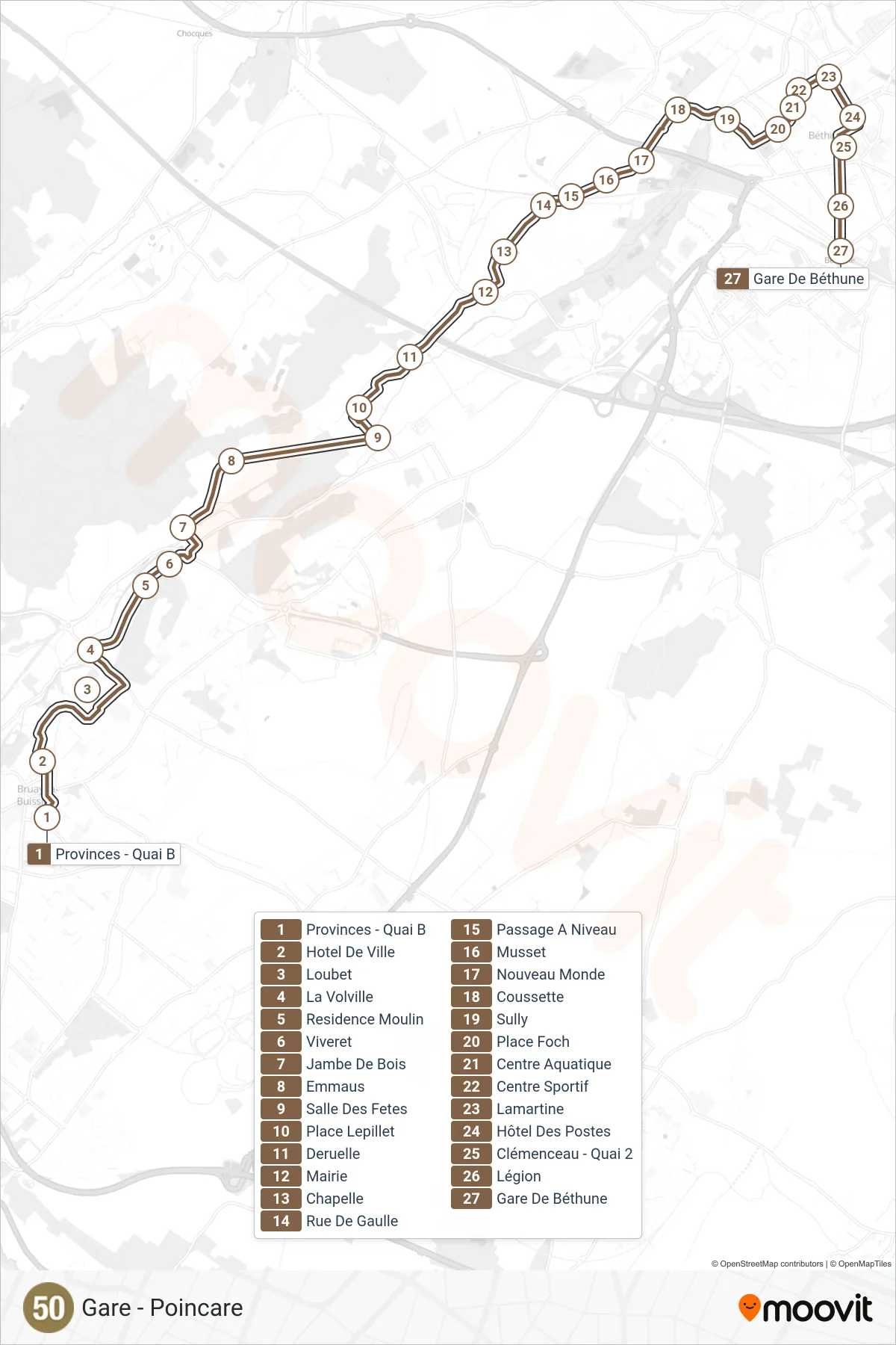 50 bus Line (Gare - Poincare) route and stops on a map