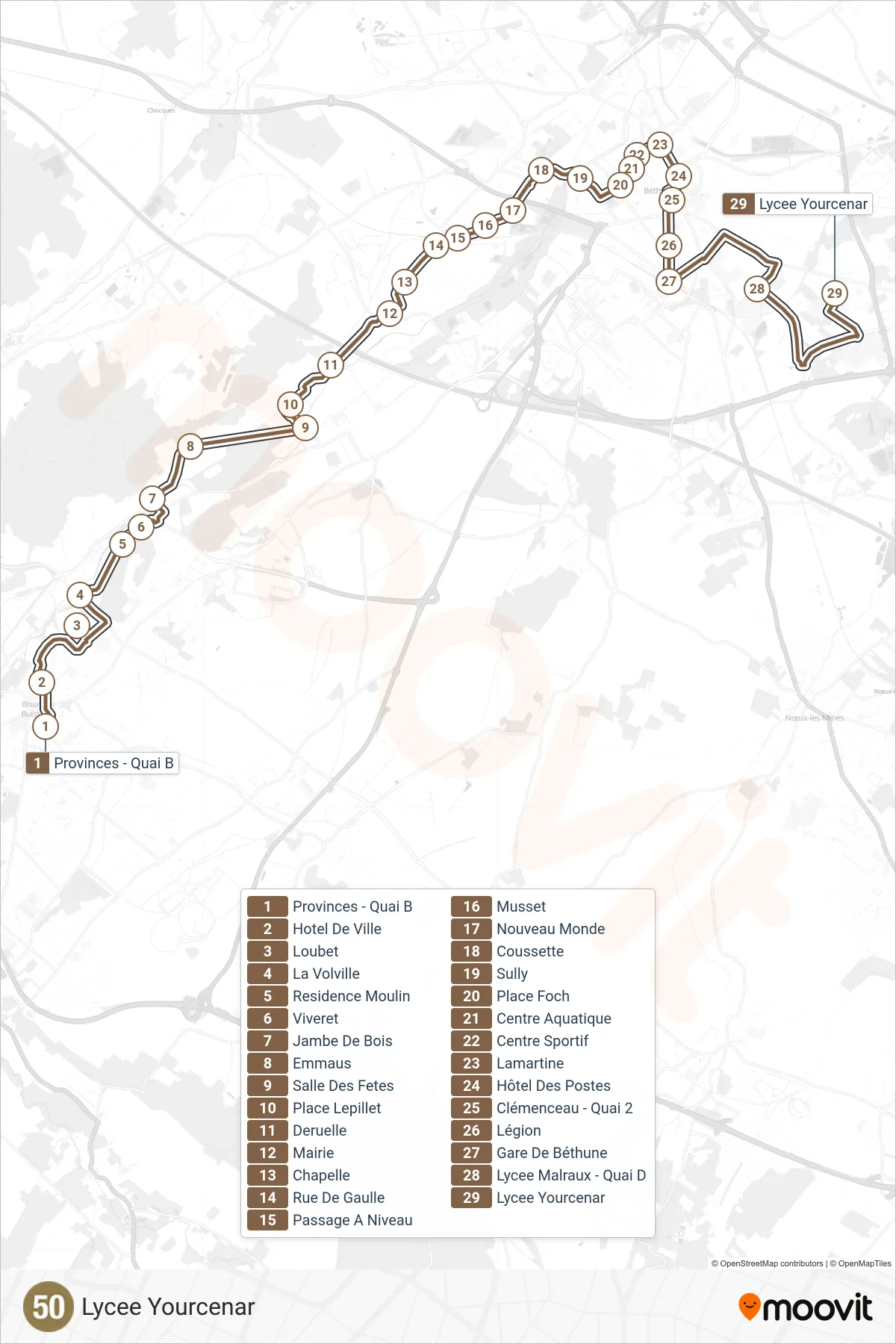 50 bus Line (Lycee Yourcenar) route and stops on a map