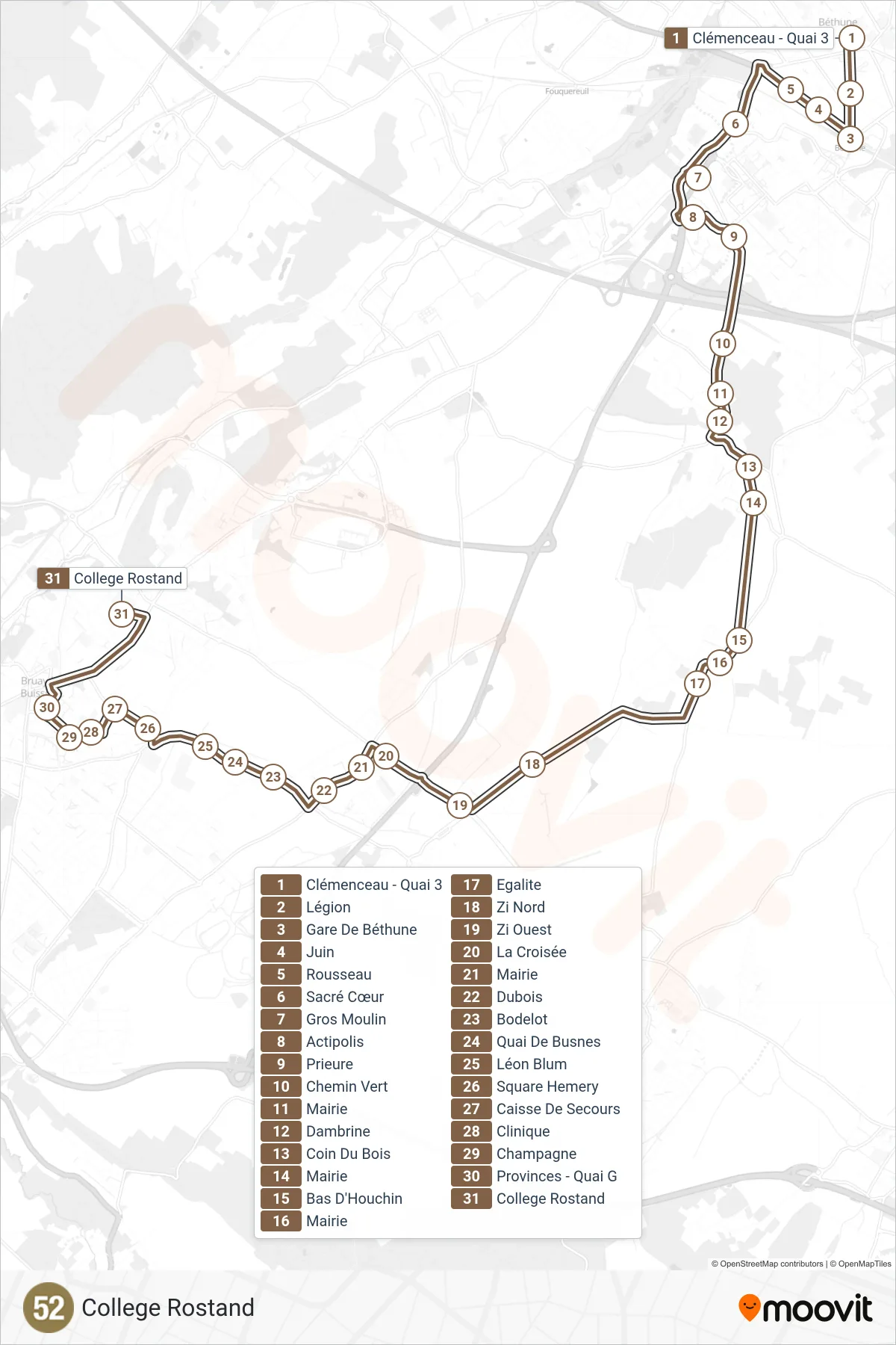 Tracé et arrêts de la ligne 52 de bus (College Rostand) sur une carte