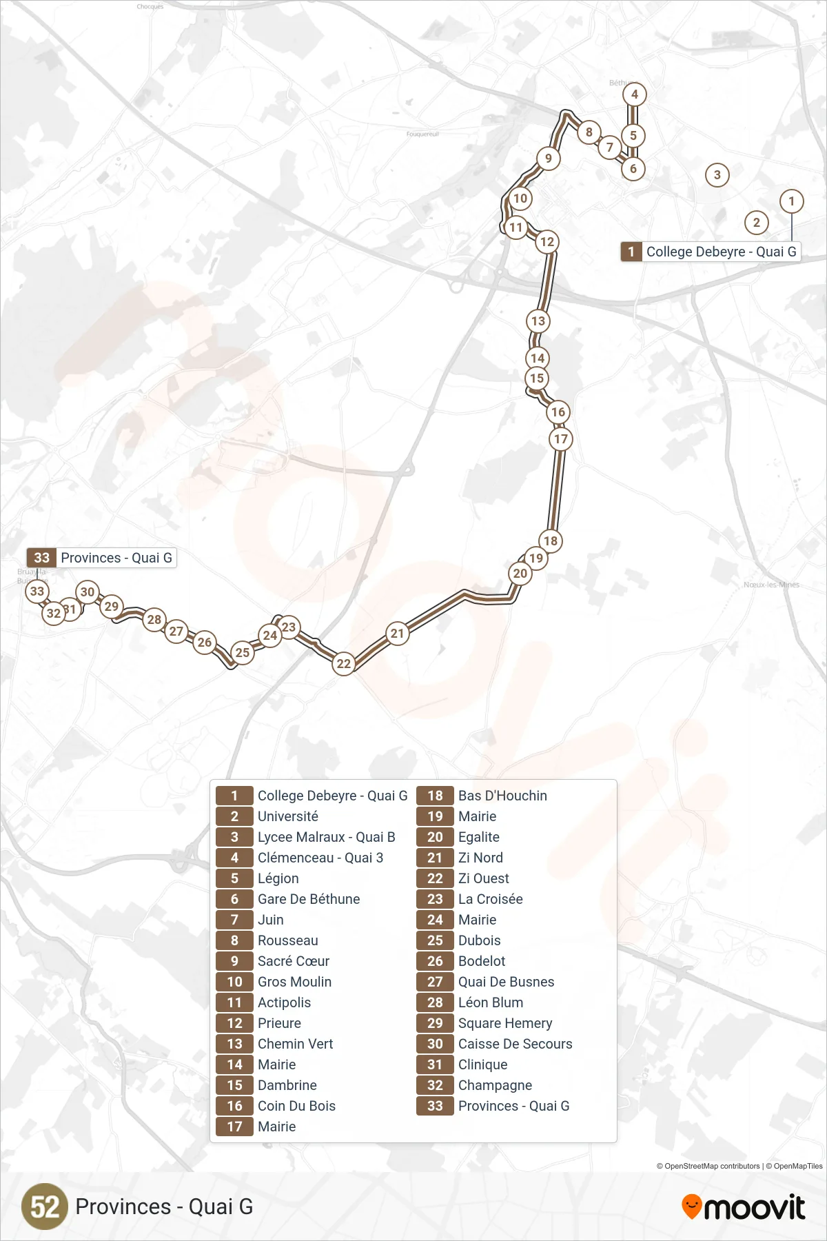 52 bus Line (Provinces - Quai G) route and stops on a map