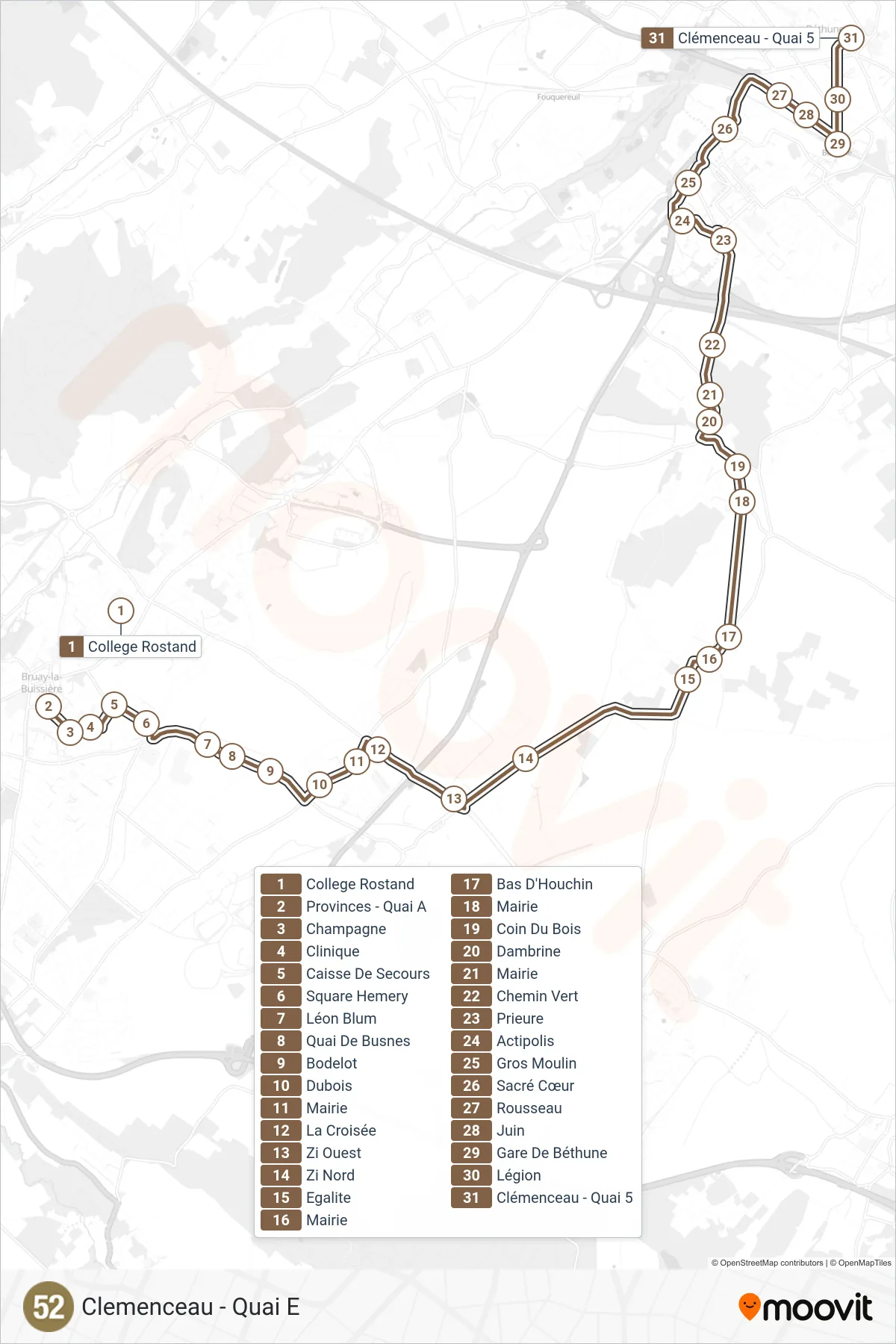 52 bus Line (Clemenceau - Quai E) route and stops on a map
