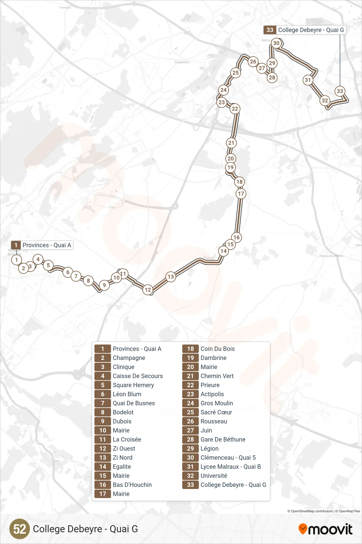 52 bus Line (College Debeyre - Quai G) route and stops on a map