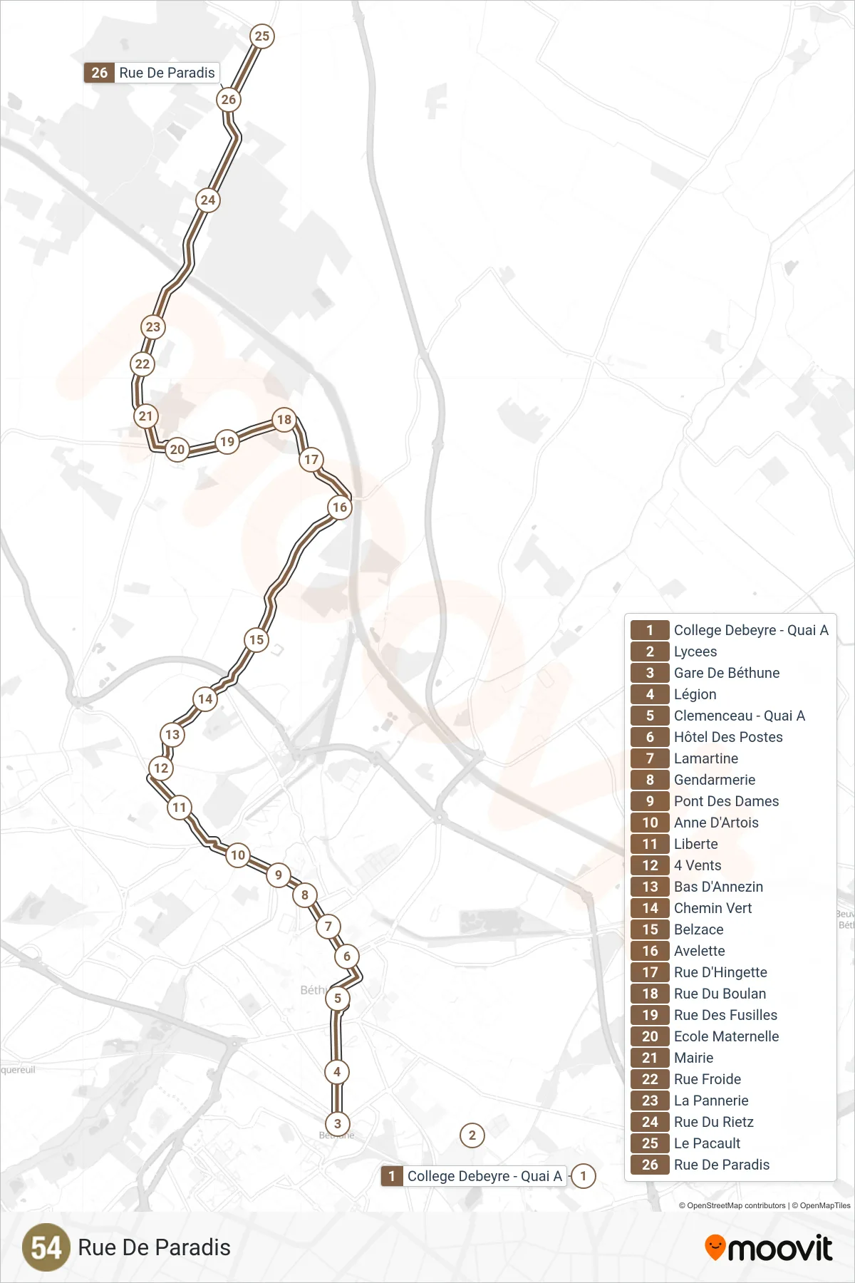 Tracé et arrêts de la ligne 54 de bus (Rue De Paradis) sur une carte