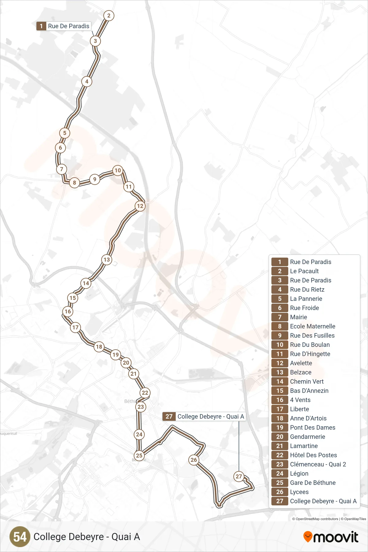54 bus Line (College Debeyre - Quai A) route and stops on a map