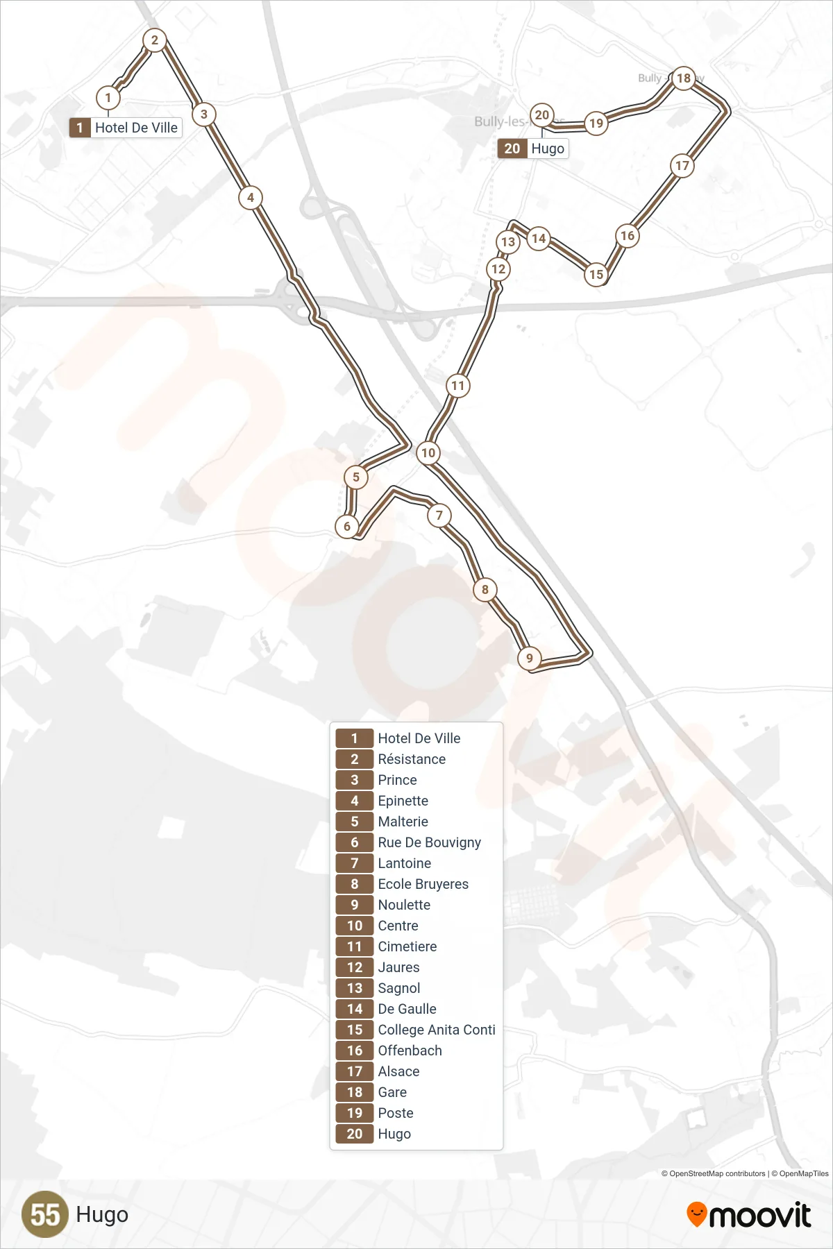 55 bus Line (Hugo) route and stops on a map