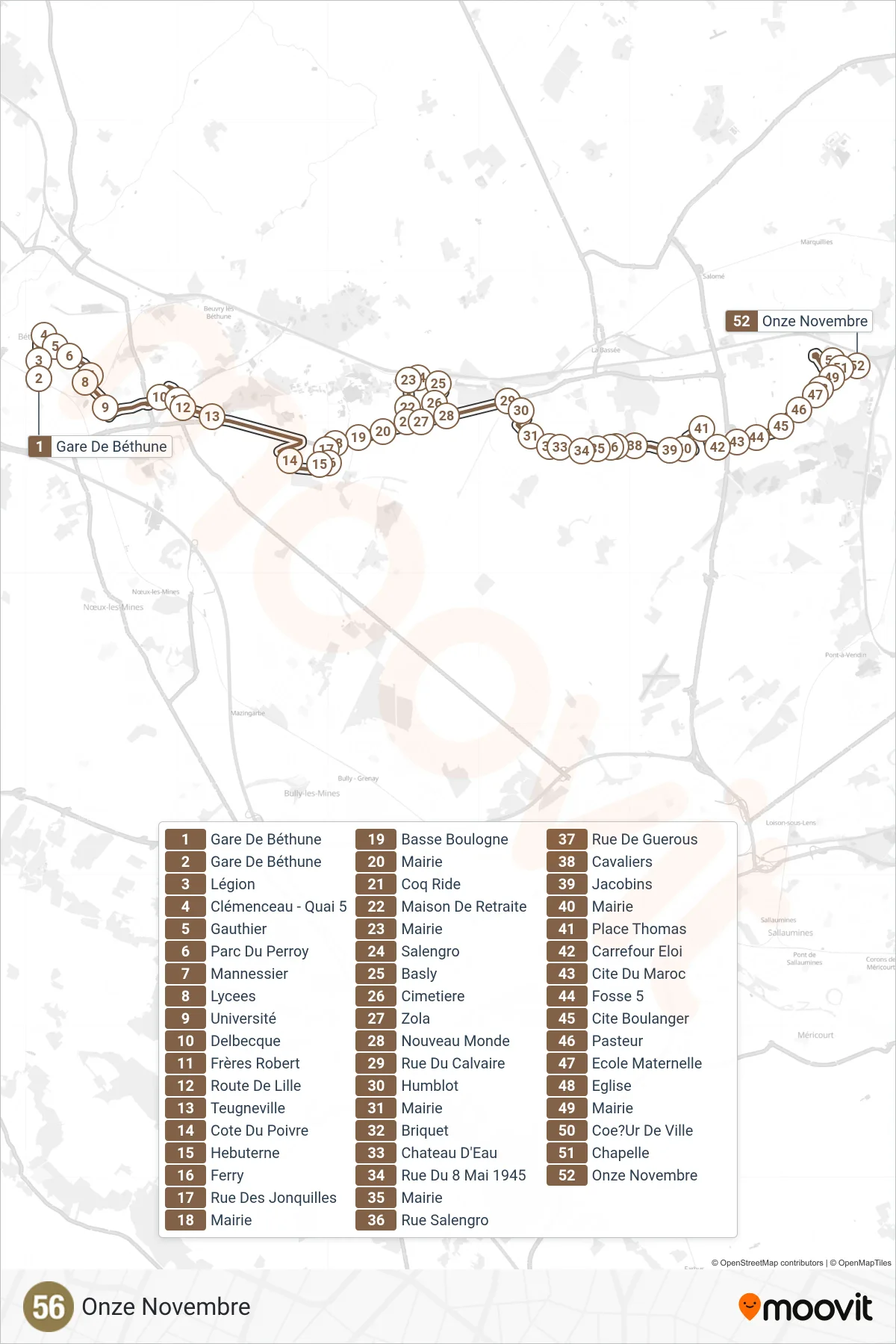Tracé et arrêts de la ligne 56 de bus (Onze Novembre) sur une carte