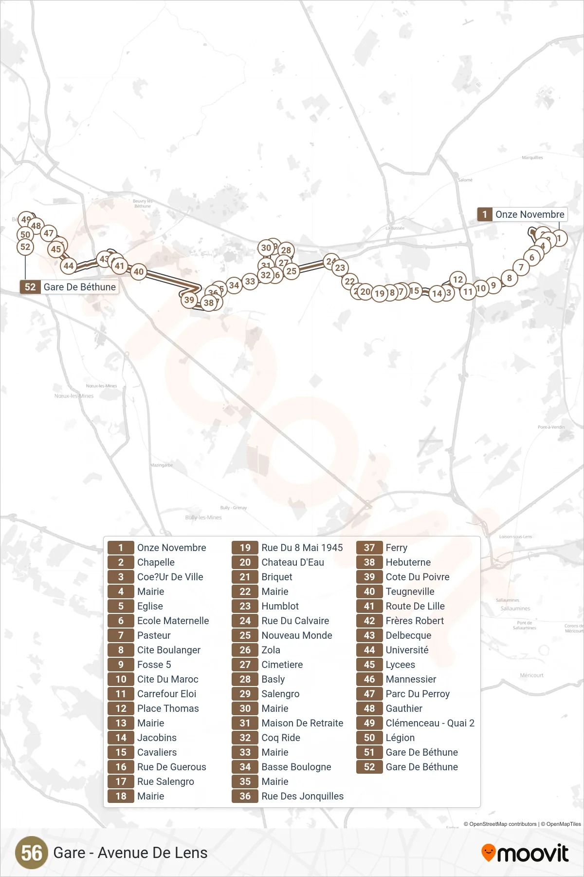 Tracé et arrêts de la ligne 56 de bus (Gare - Avenue De Lens) sur une carte