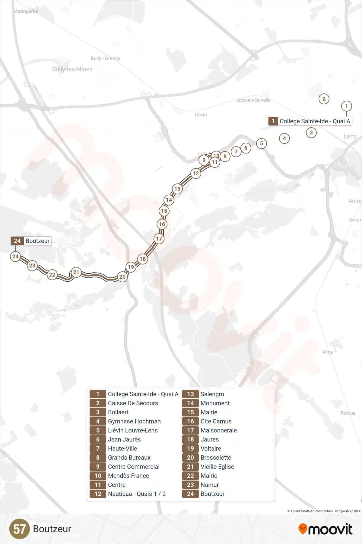 57 bus Line (Boutzeur) route and stops on a map