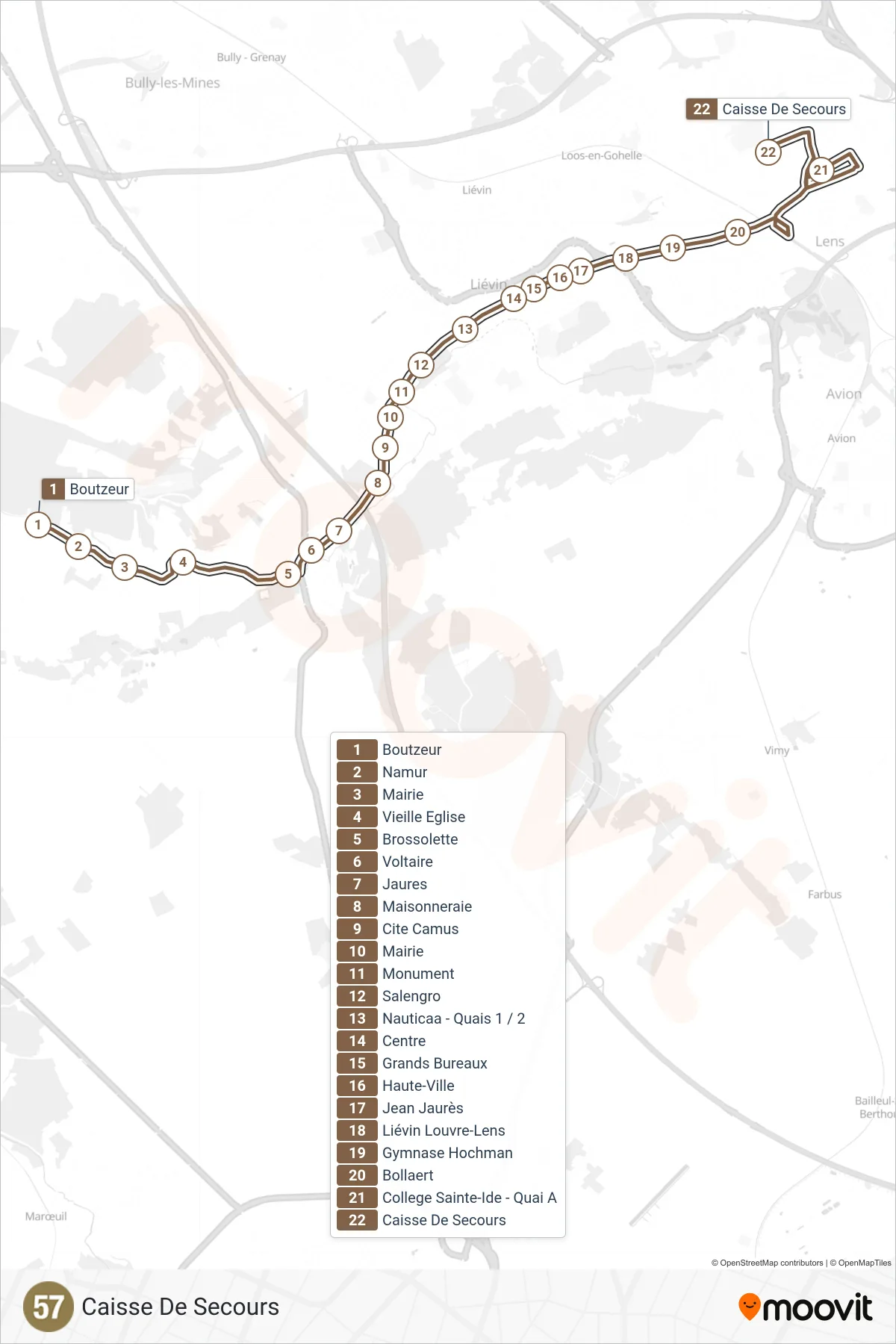 57 bus Line (Caisse De Secours) route and stops on a map