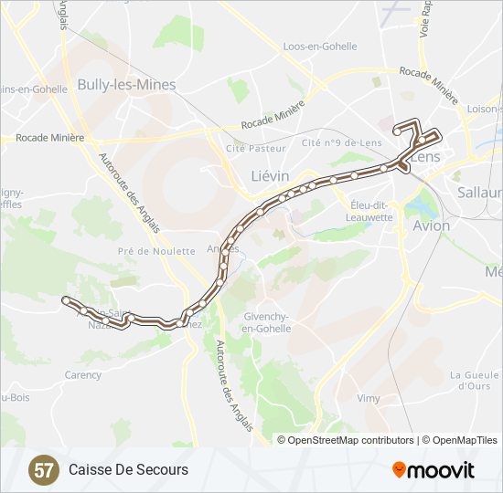 Plan de la ligne 57 de bus