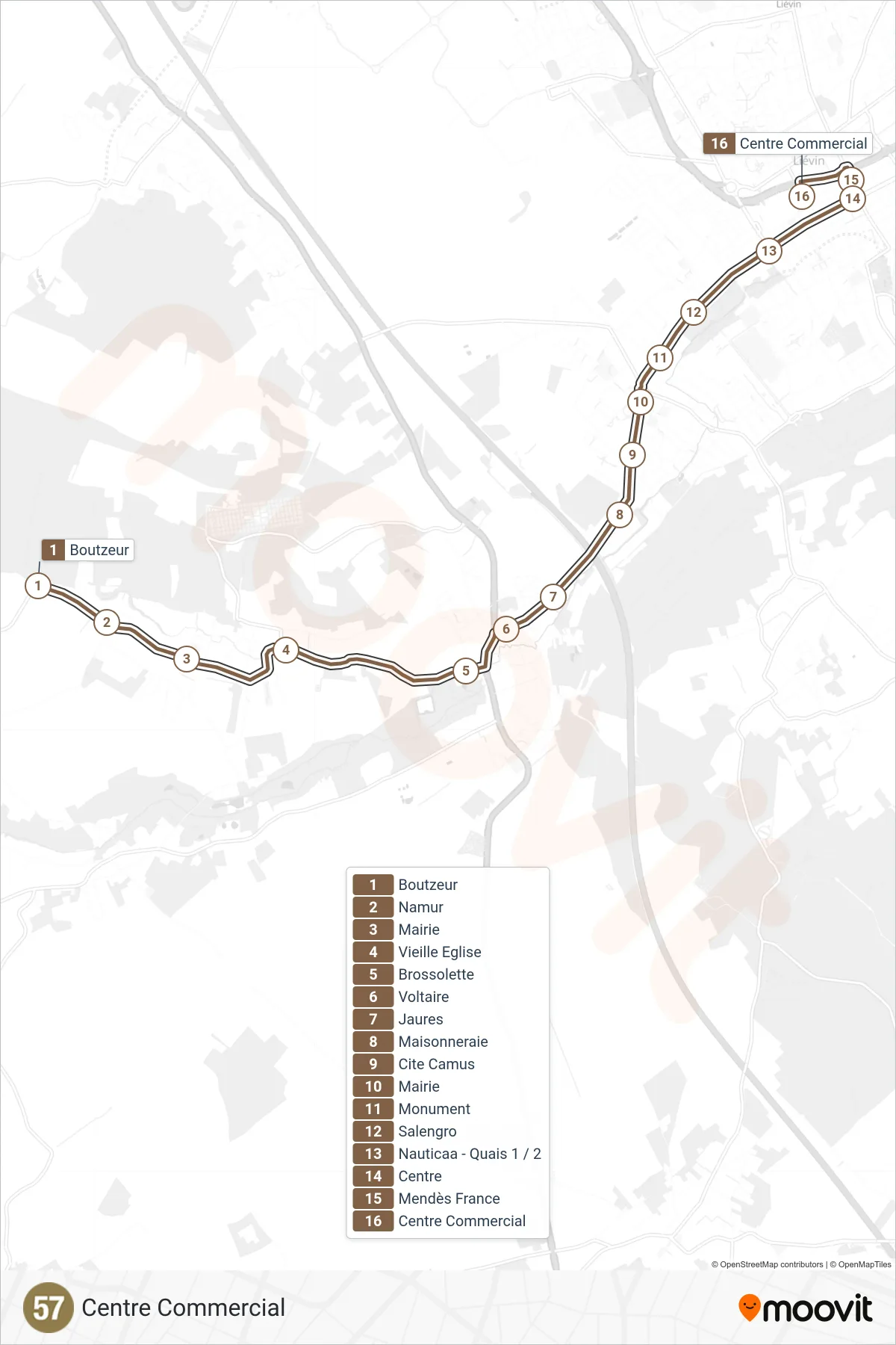 Tracé et arrêts de la ligne 57 de bus (Centre Commercial) sur une carte