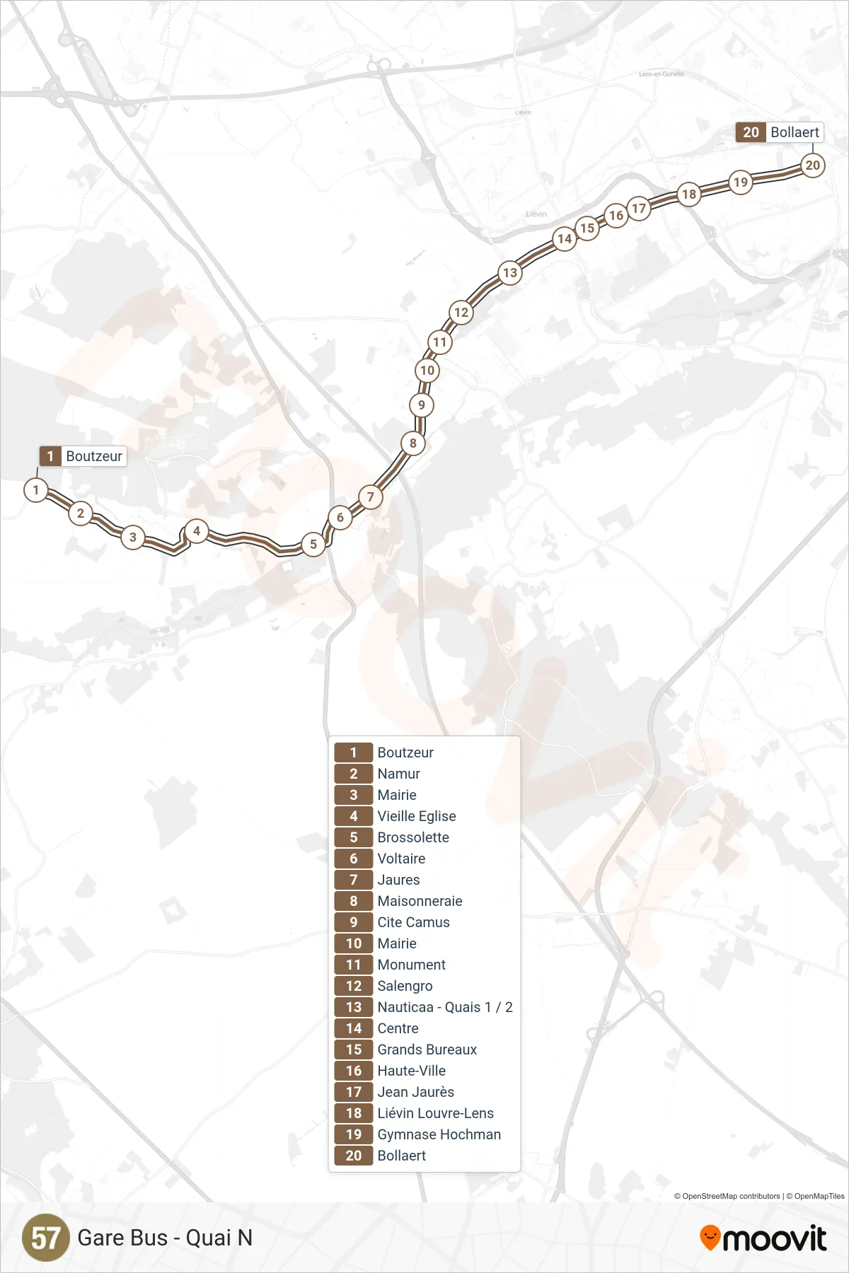 Tracé et arrêts de la ligne 57 de bus (Gare Bus - Quai N) sur une carte