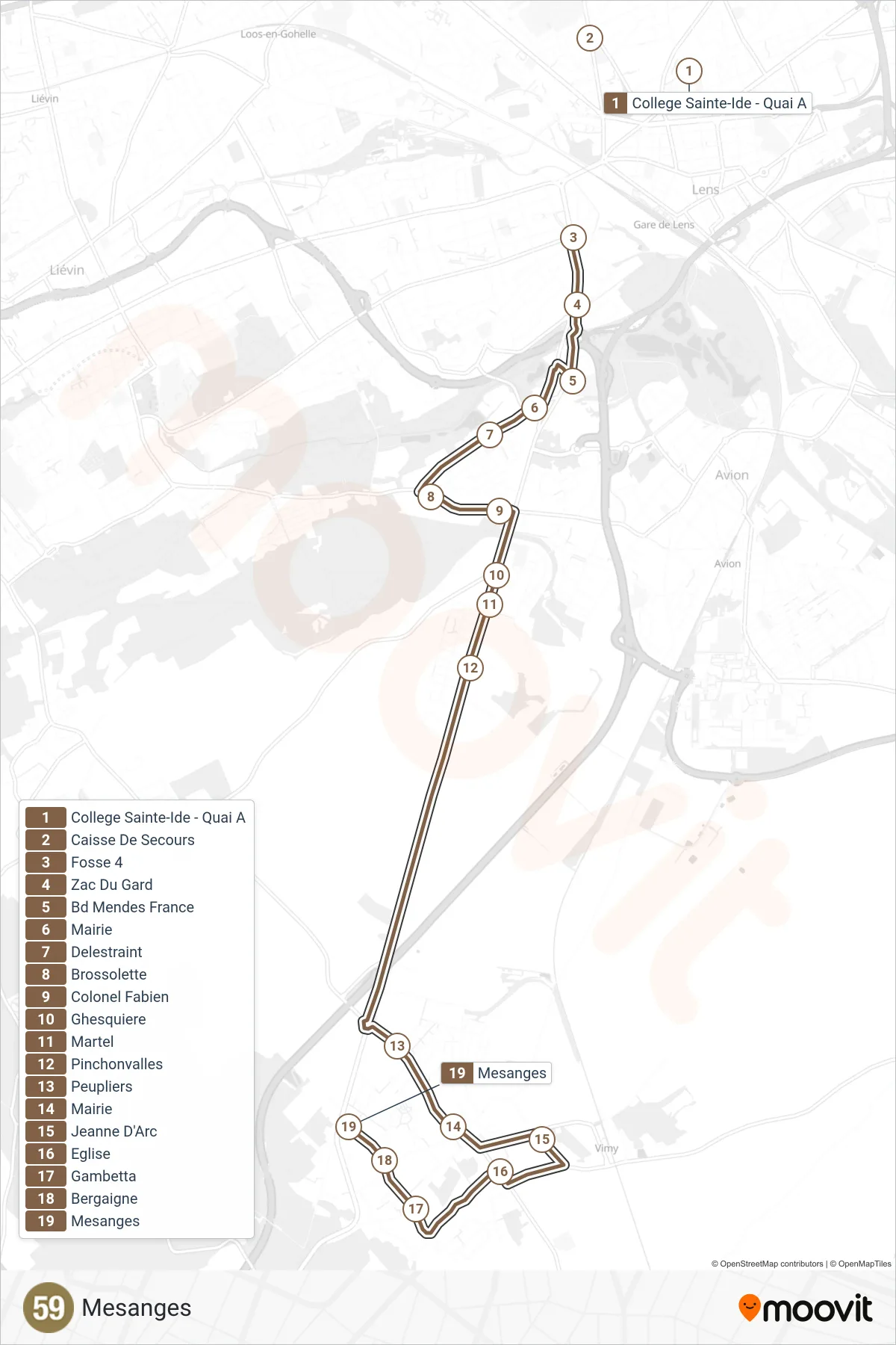 Tracé et arrêts de la ligne 59 de bus (Mesanges) sur une carte