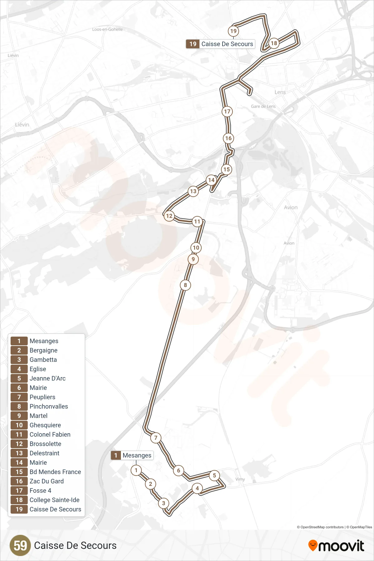 59 bus Line (Caisse De Secours) route and stops on a map