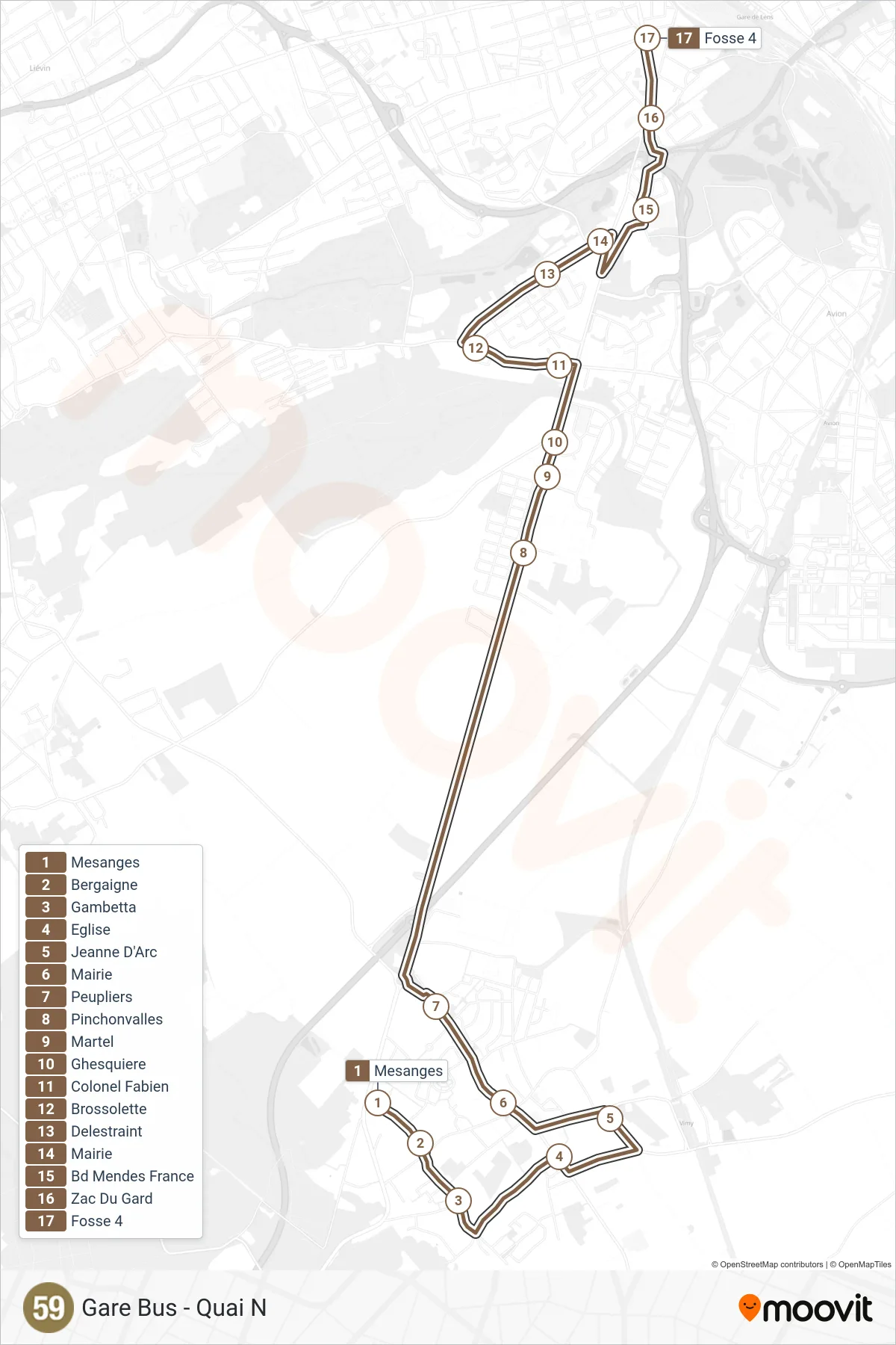 59 bus Line (Gare Bus - Quai N) route and stops on a map