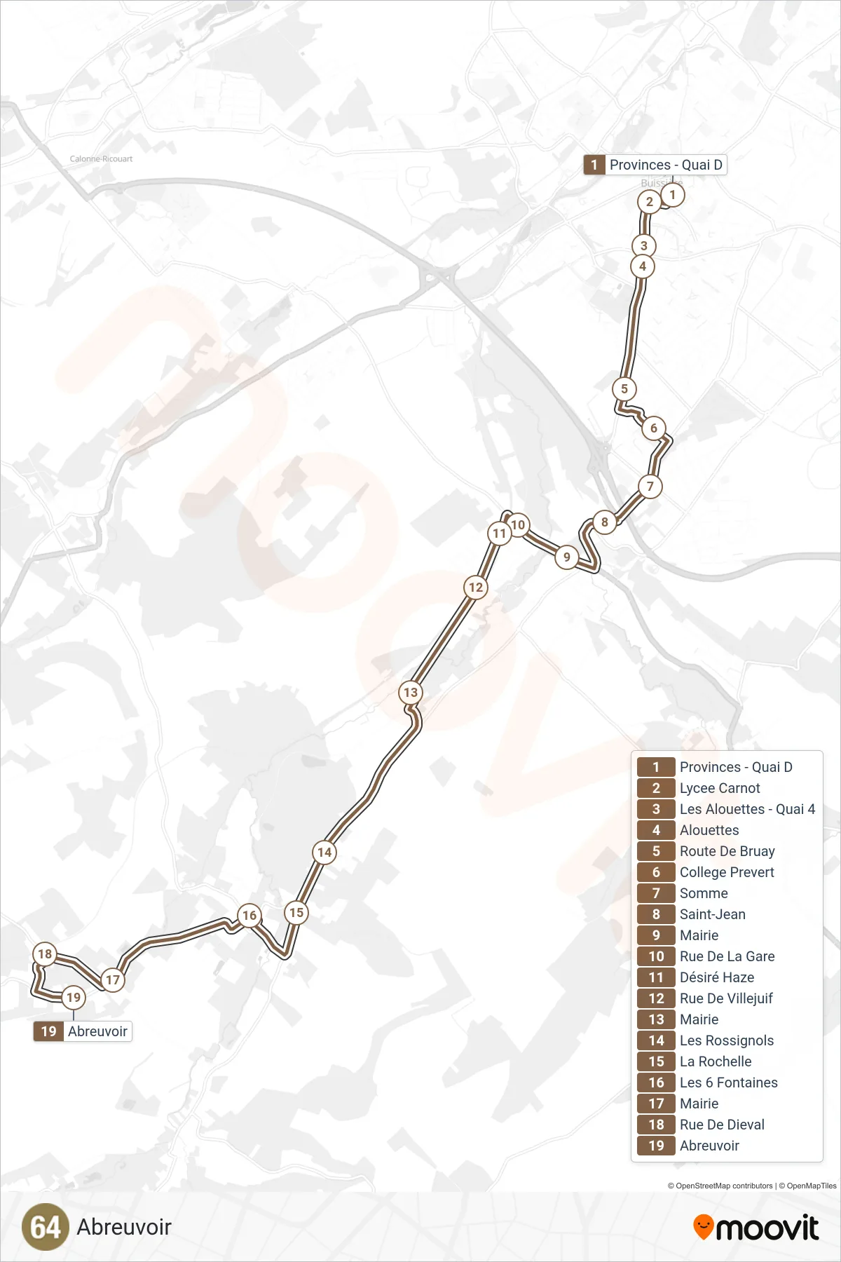 Tracé et arrêts de la ligne 64 de bus (Abreuvoir) sur une carte