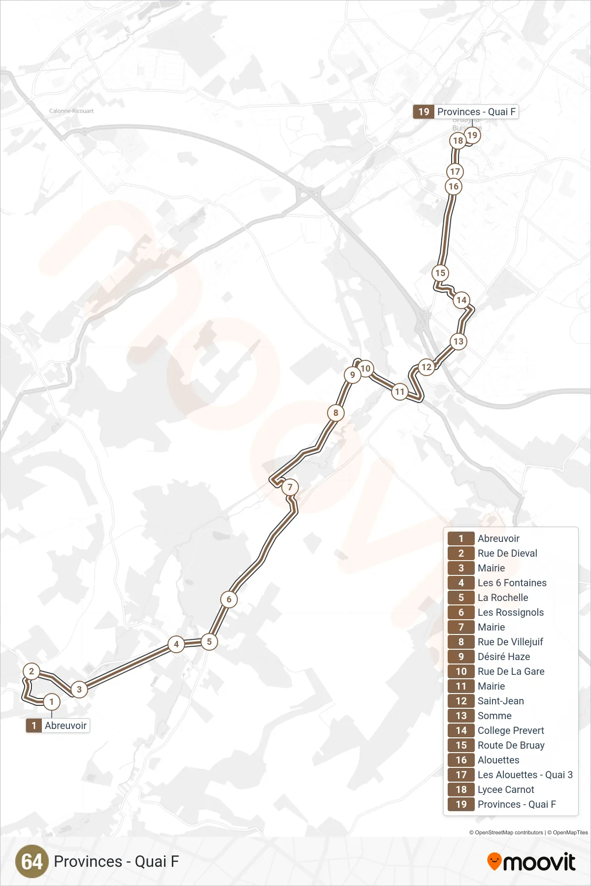 64 bus Line (Provinces - Quai F) route and stops on a map