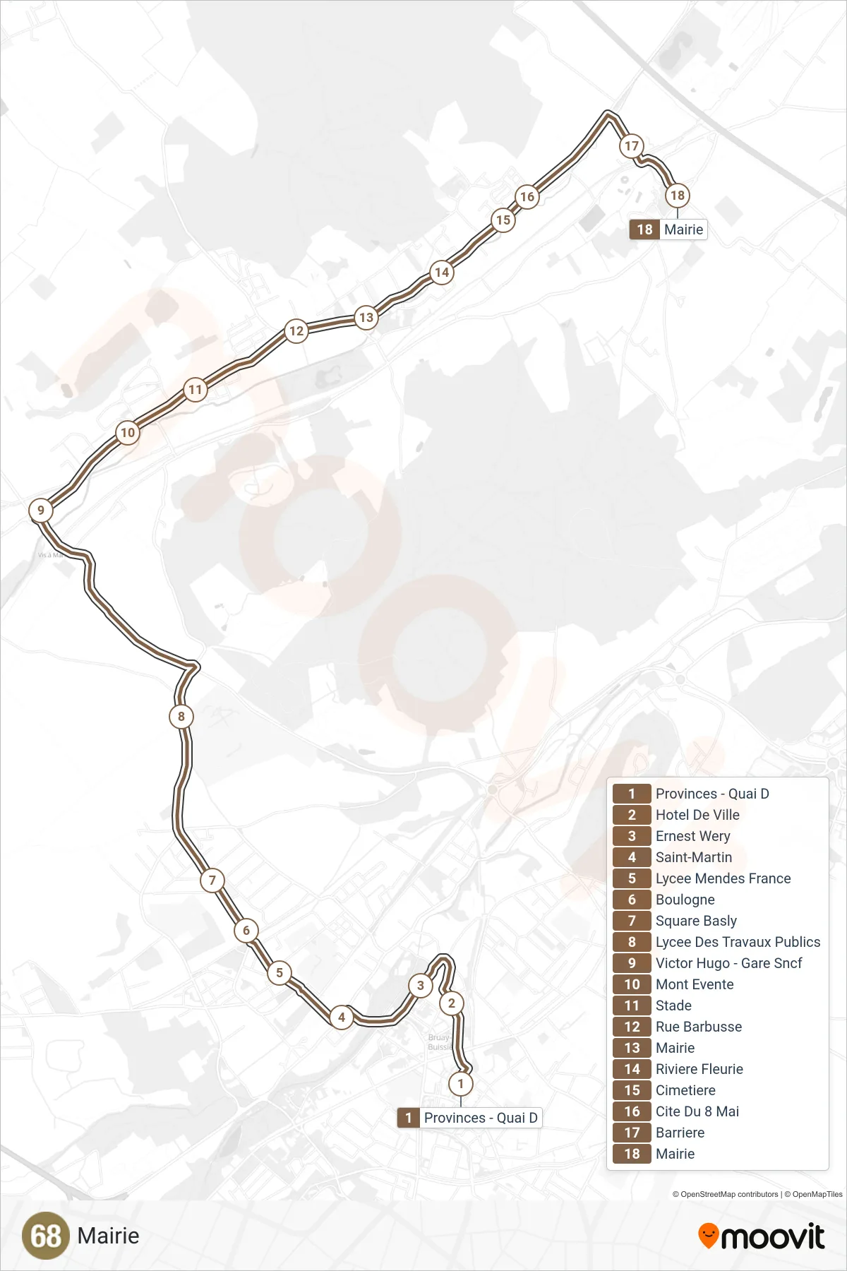 68 bus Line (Mairie) route and stops on a map