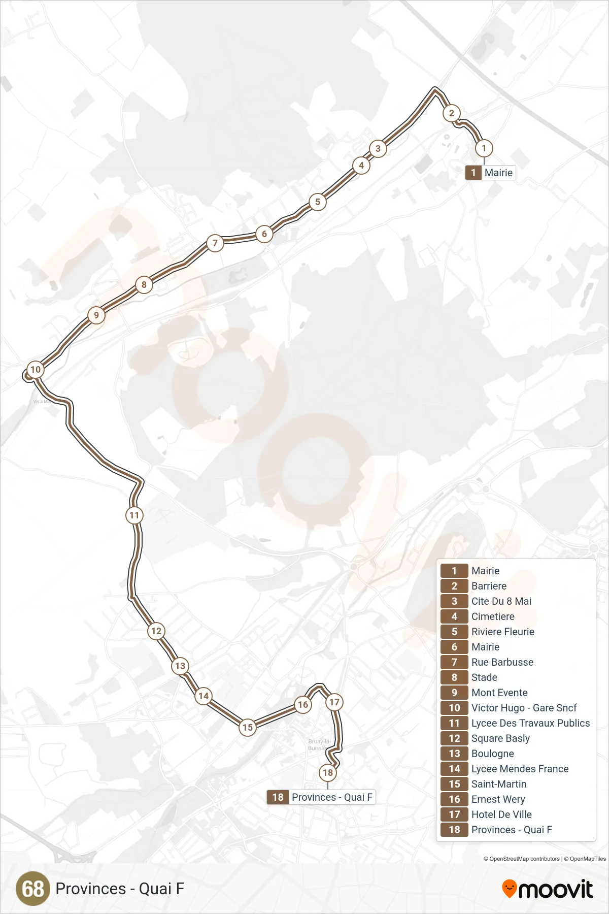 Tracé et arrêts de la ligne 68 de bus (Provinces - Quai F) sur une carte