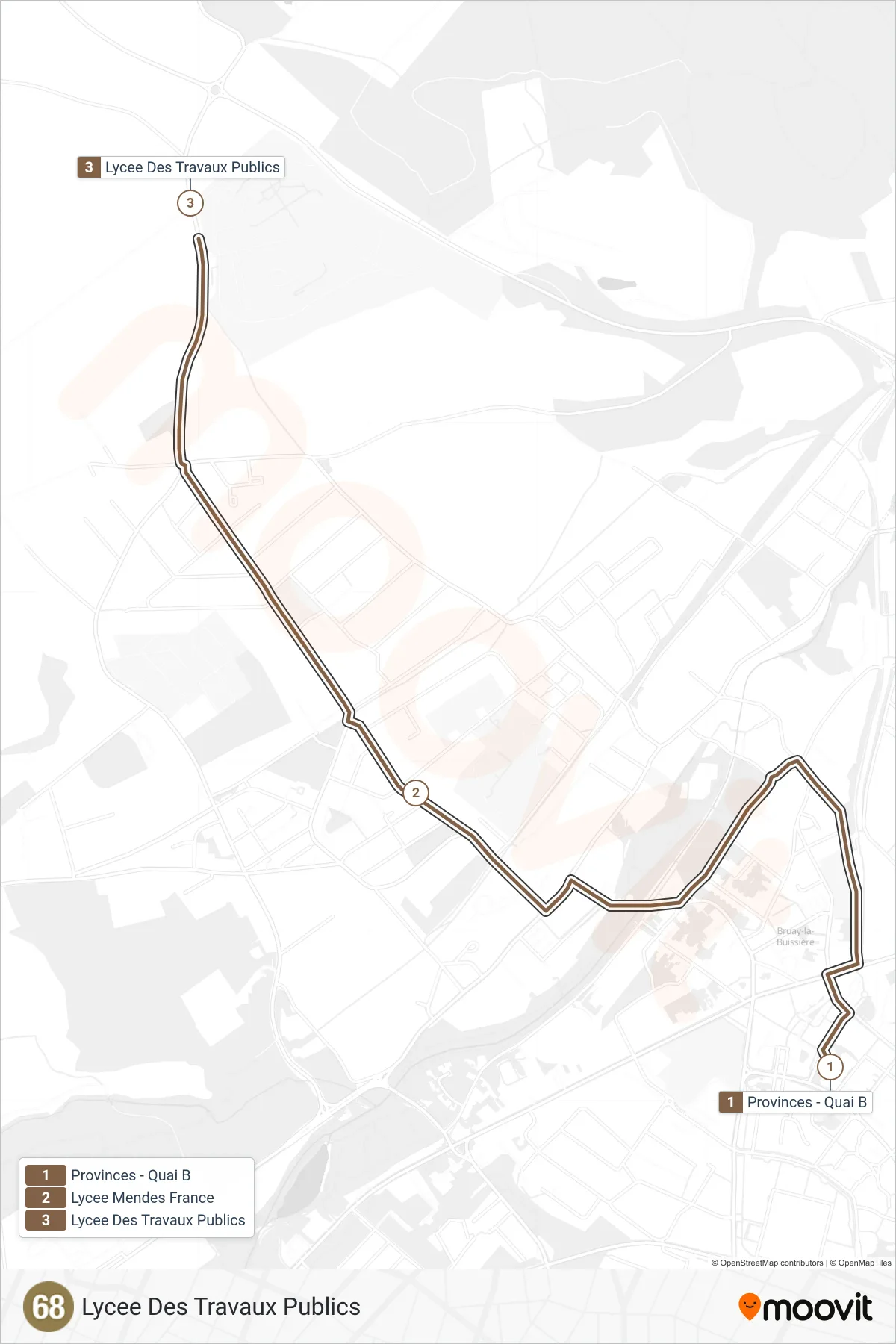 68 bus Line (Lycee Des Travaux Publics) route and stops on a map