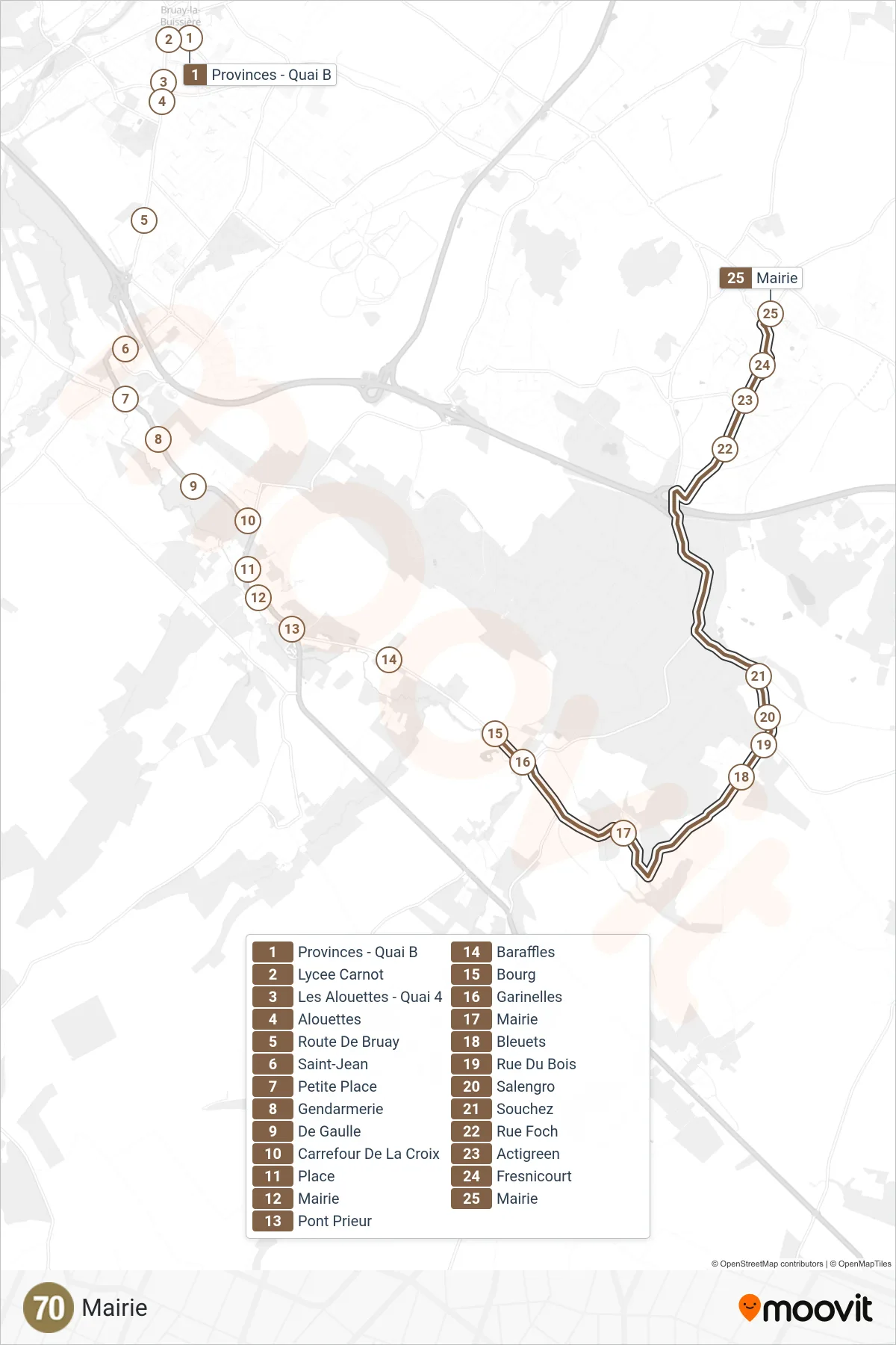 Tracé et arrêts de la ligne 70 de bus (Mairie) sur une carte