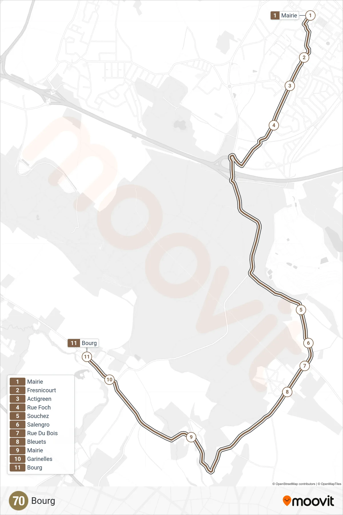 70 bus Line (Bourg) route and stops on a map