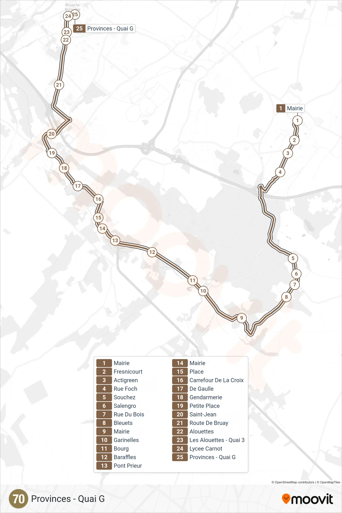 Tracé et arrêts de la ligne 70 de bus (Provinces - Quai G) sur une carte
