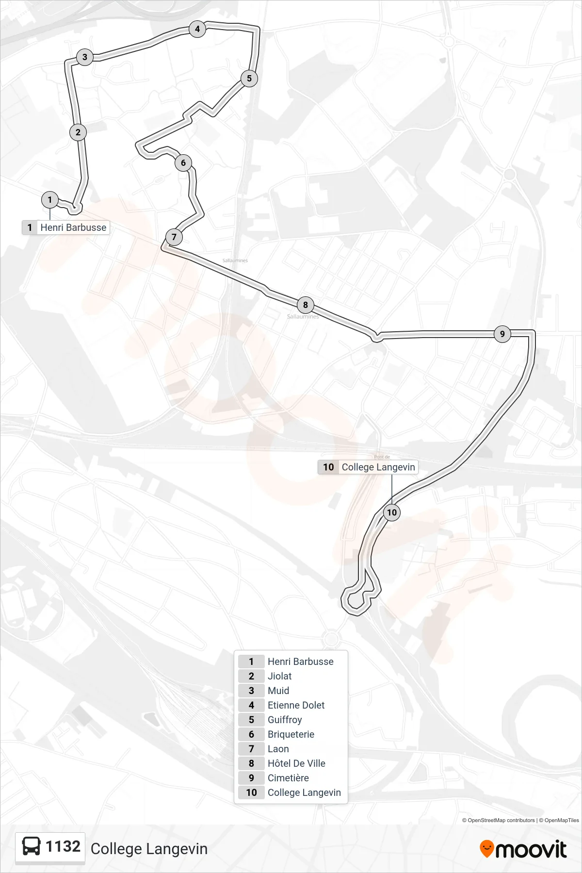 1132 bus Line (College Langevin) route and stops on a map