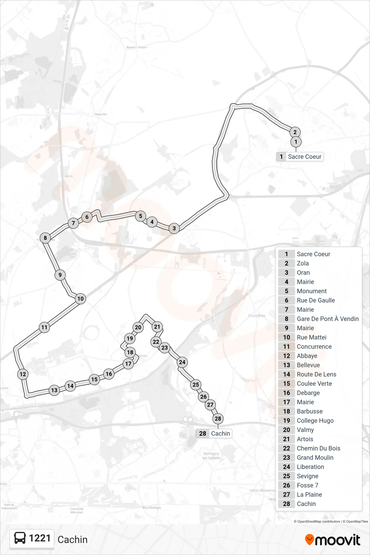 1221 bus Line (Cachin) route and stops on a map