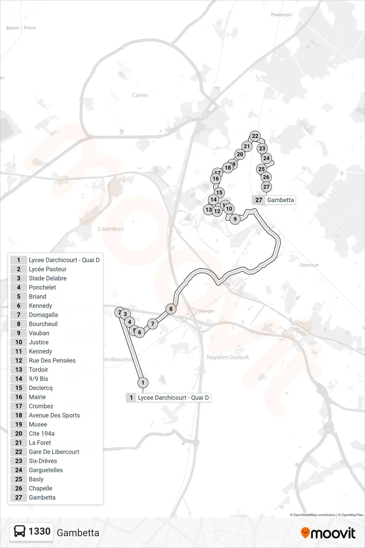 Tracé et arrêts de la ligne 1330 de bus (Gambetta) sur une carte
