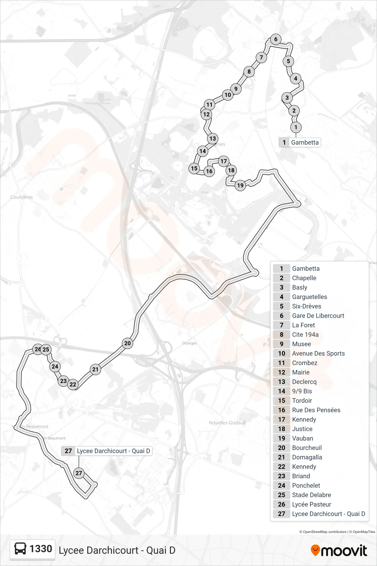 1330 bus Line (Lycee Darchicourt - Quai D) route and stops on a map