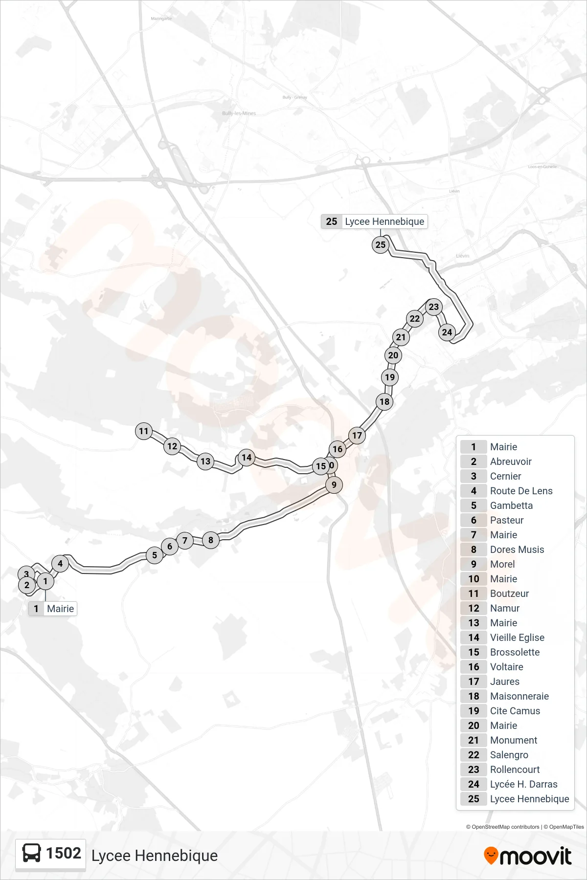 1502 bus Line (Lycee Hennebique) route and stops on a map