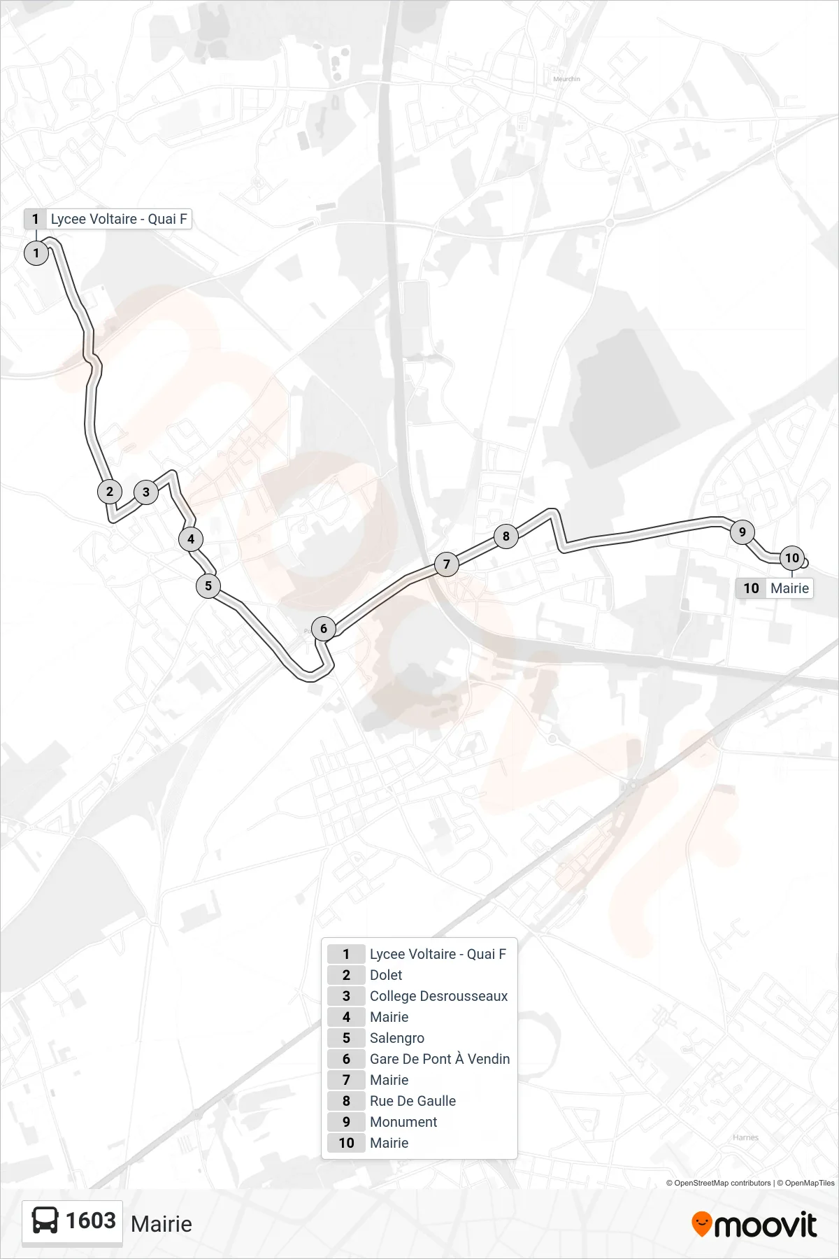 1603 bus Line (Mairie) route and stops on a map