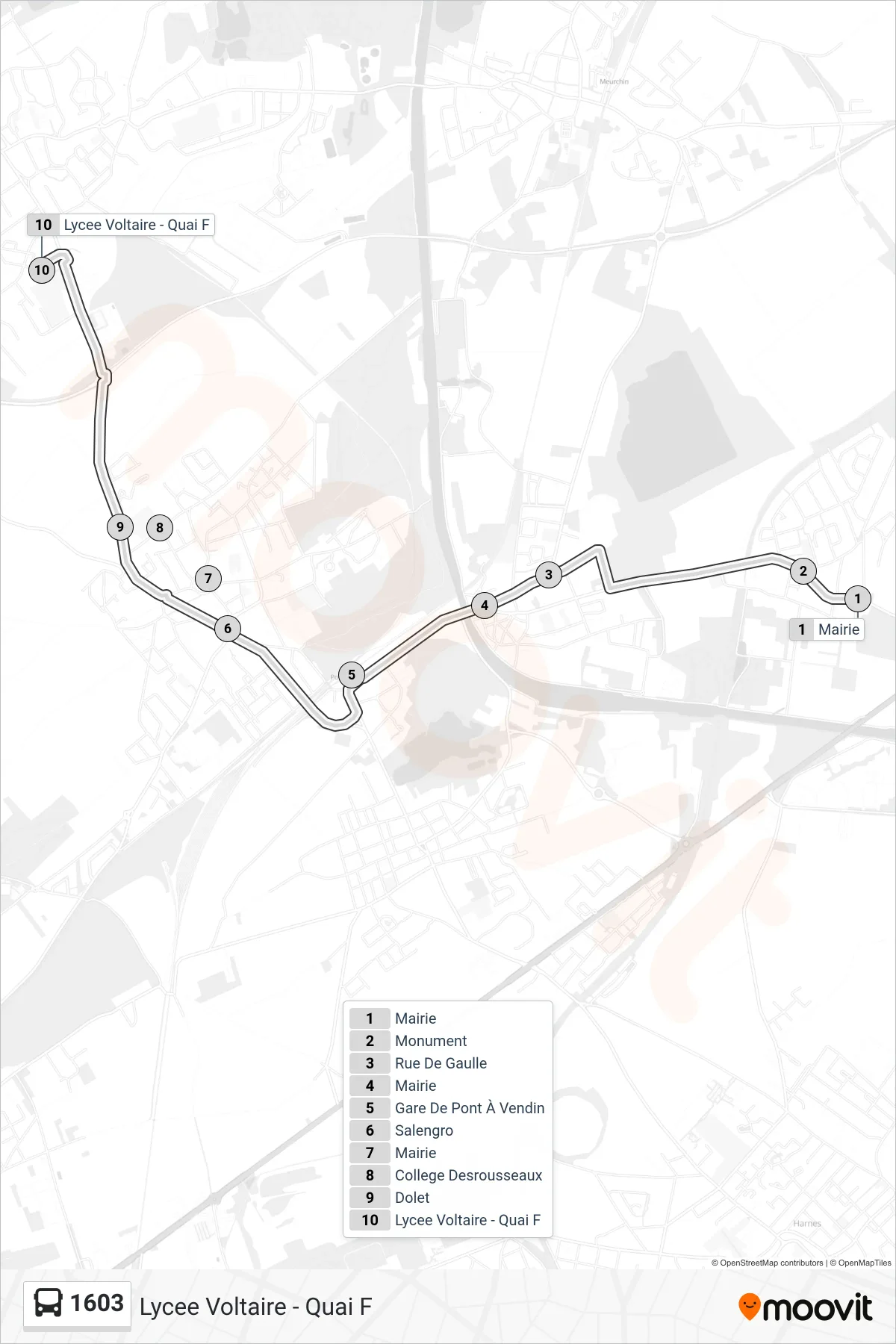Tracé et arrêts de la ligne 1603 de bus (Lycee Voltaire - Quai F) sur une carte