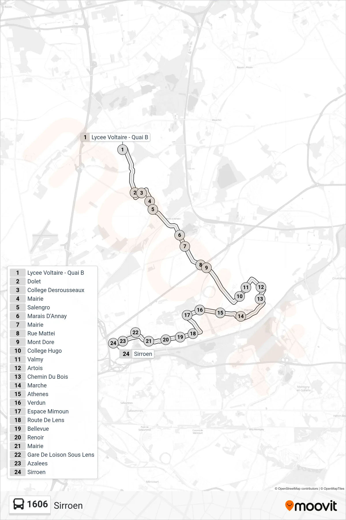 1606 bus Line (Sirroen) route and stops on a map