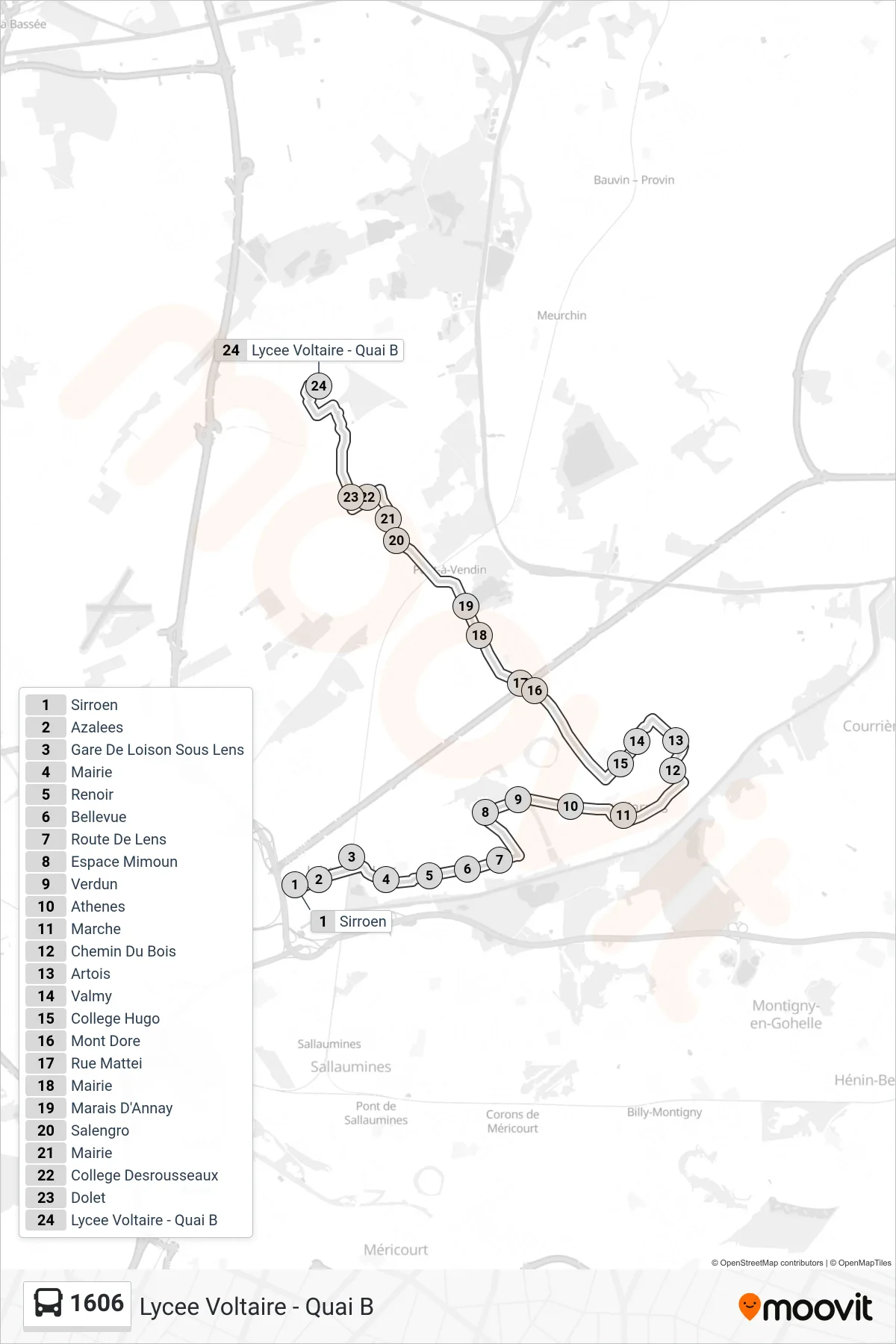 Tracé et arrêts de la ligne 1606 de bus (Lycee Voltaire - Quai B) sur une carte