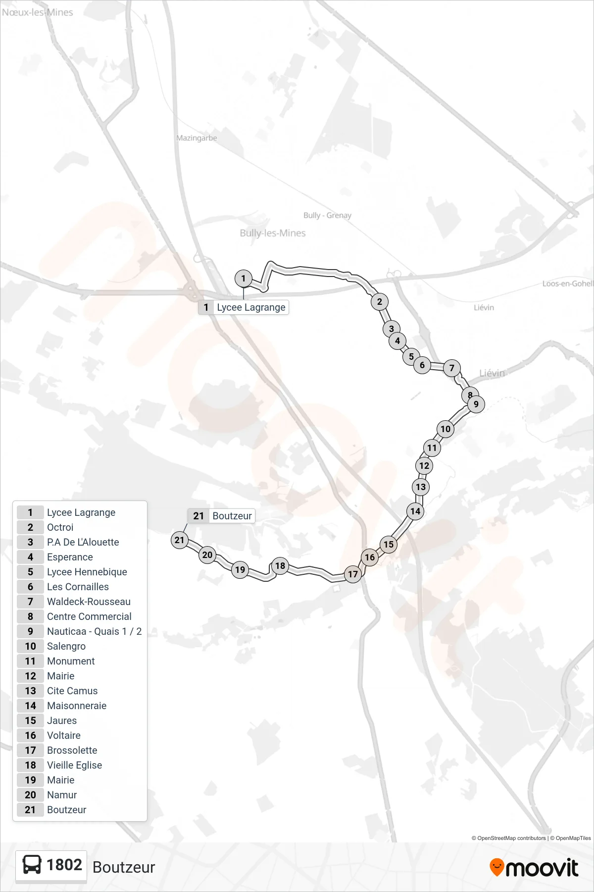 Tracé et arrêts de la ligne 1802 de bus (Boutzeur) sur une carte