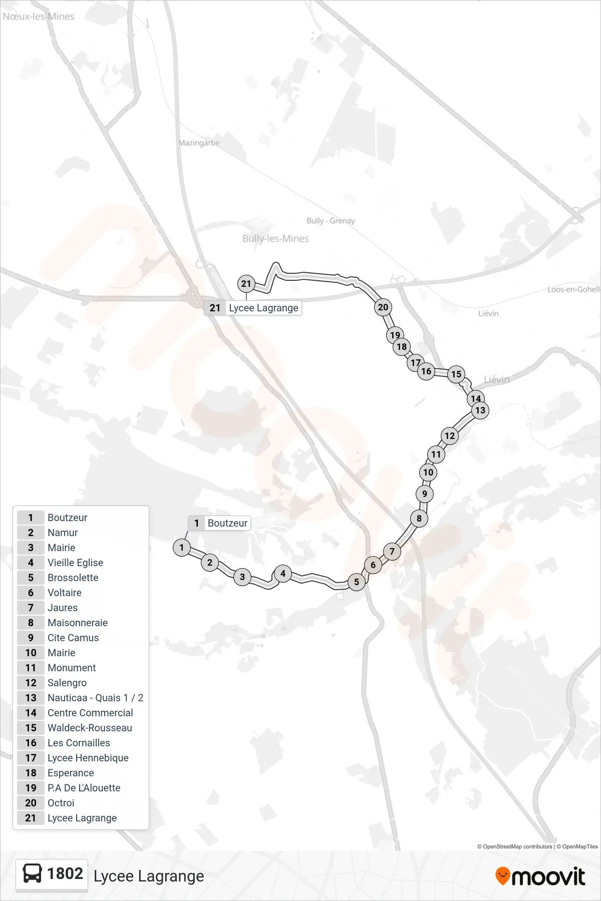 1802 bus Line (Lycee Lagrange) route and stops on a map