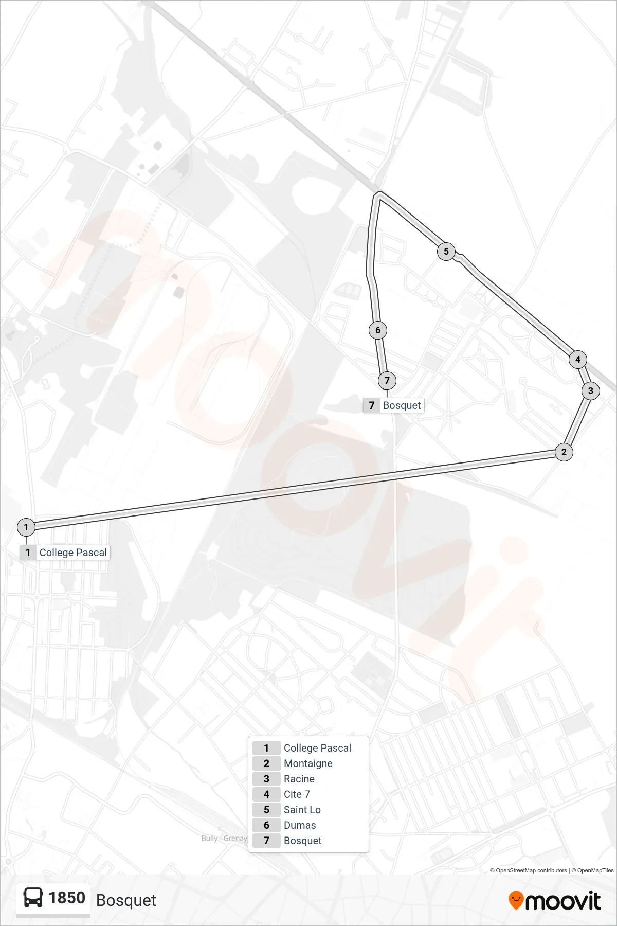 Tracé et arrêts de la ligne 1850 de bus (Bosquet) sur une carte